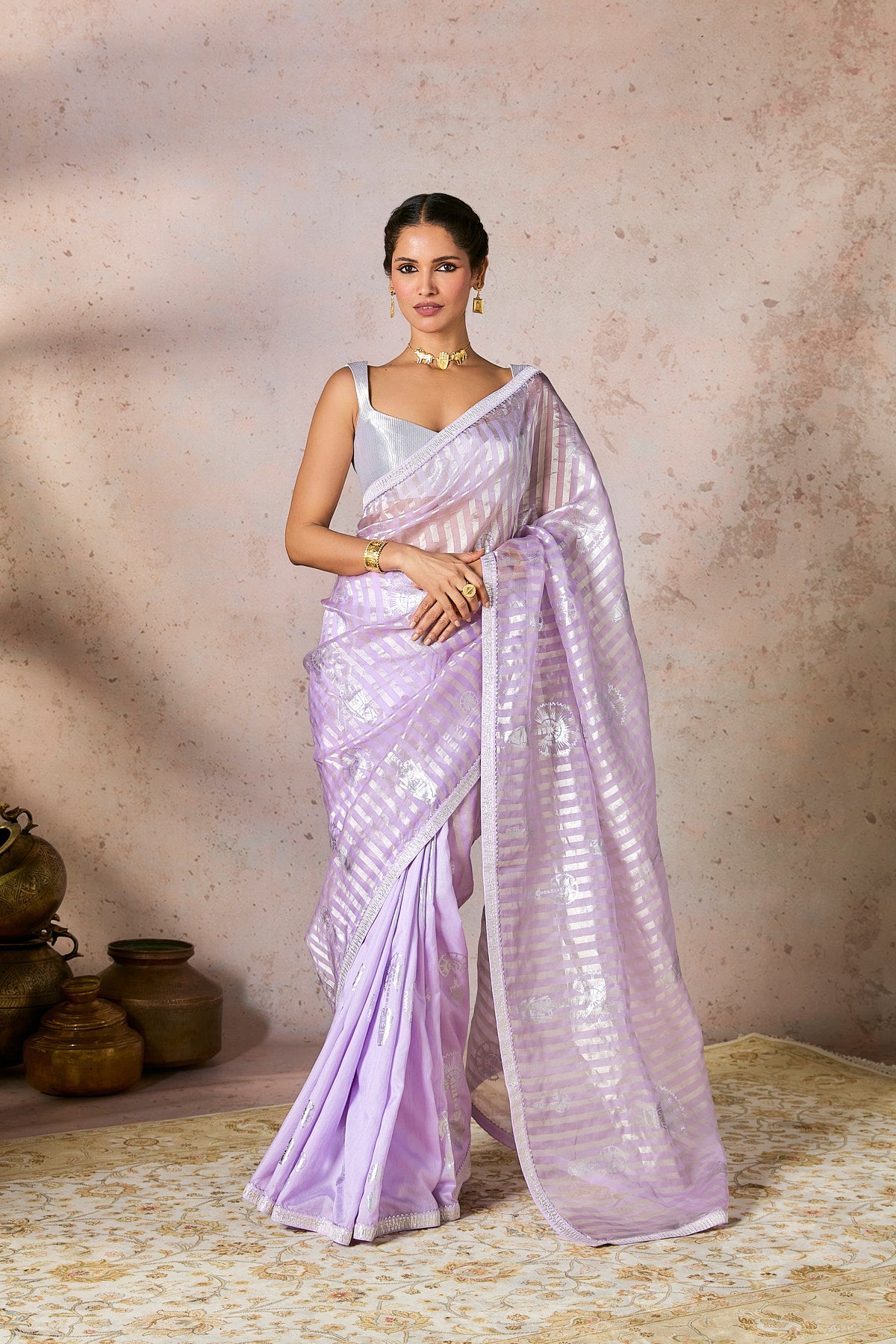 Lilac Striped Zari Saree