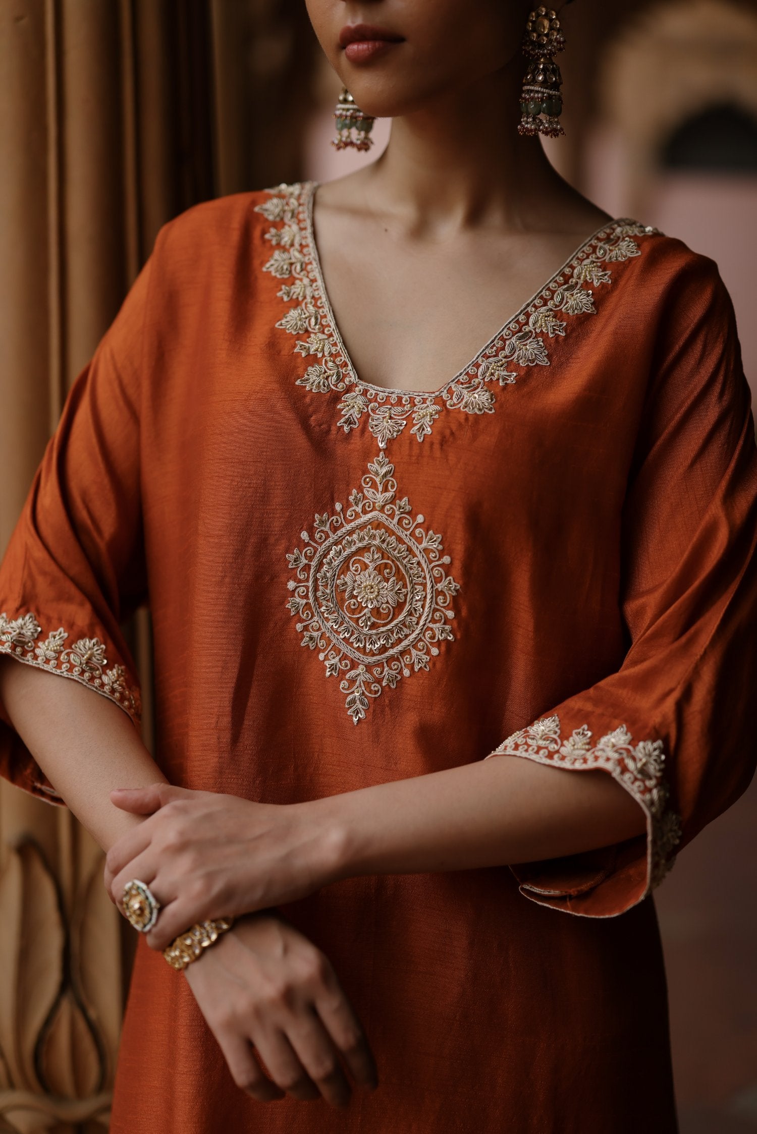 Orange Printed and Hand Embroidered Dupion Silk Kurta Set