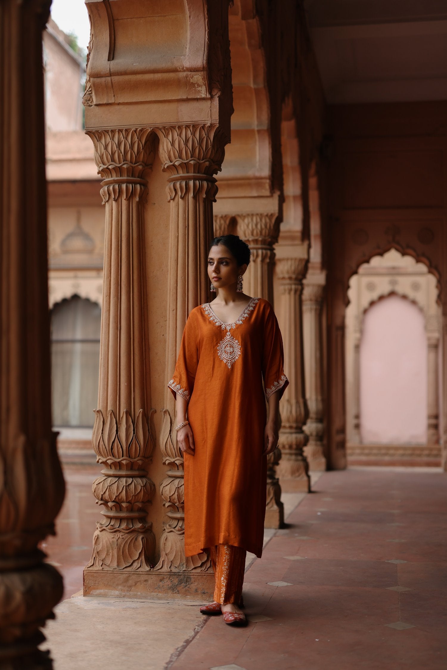 Orange Printed and Hand Embroidered Dupion Silk Kurta Set