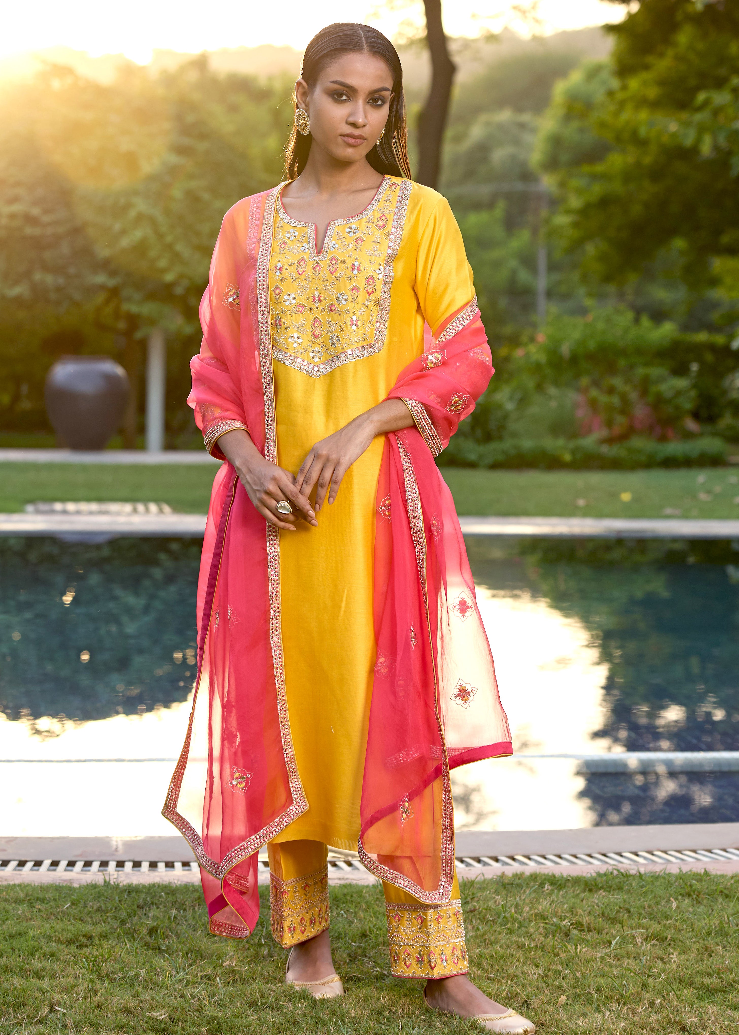 Yellow Pink Hand Embroidered Silk Kurta Set