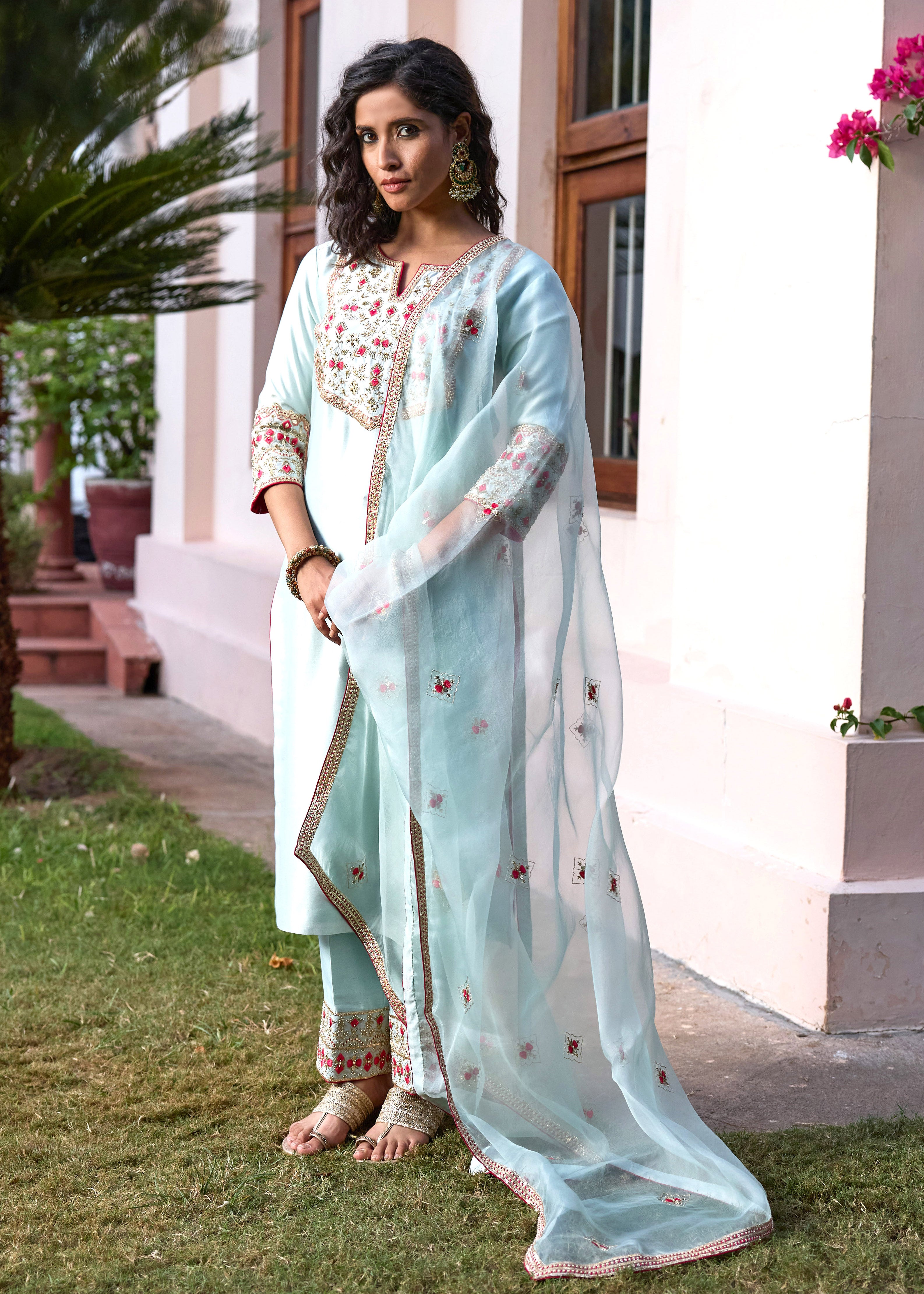 Blue Pink Hand Embroidered Silk Kurta Set