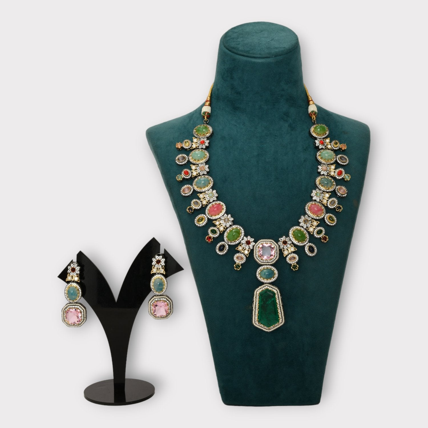 Two Tone Finish Kundan Polki & Green Beaded Choker Necklace Set