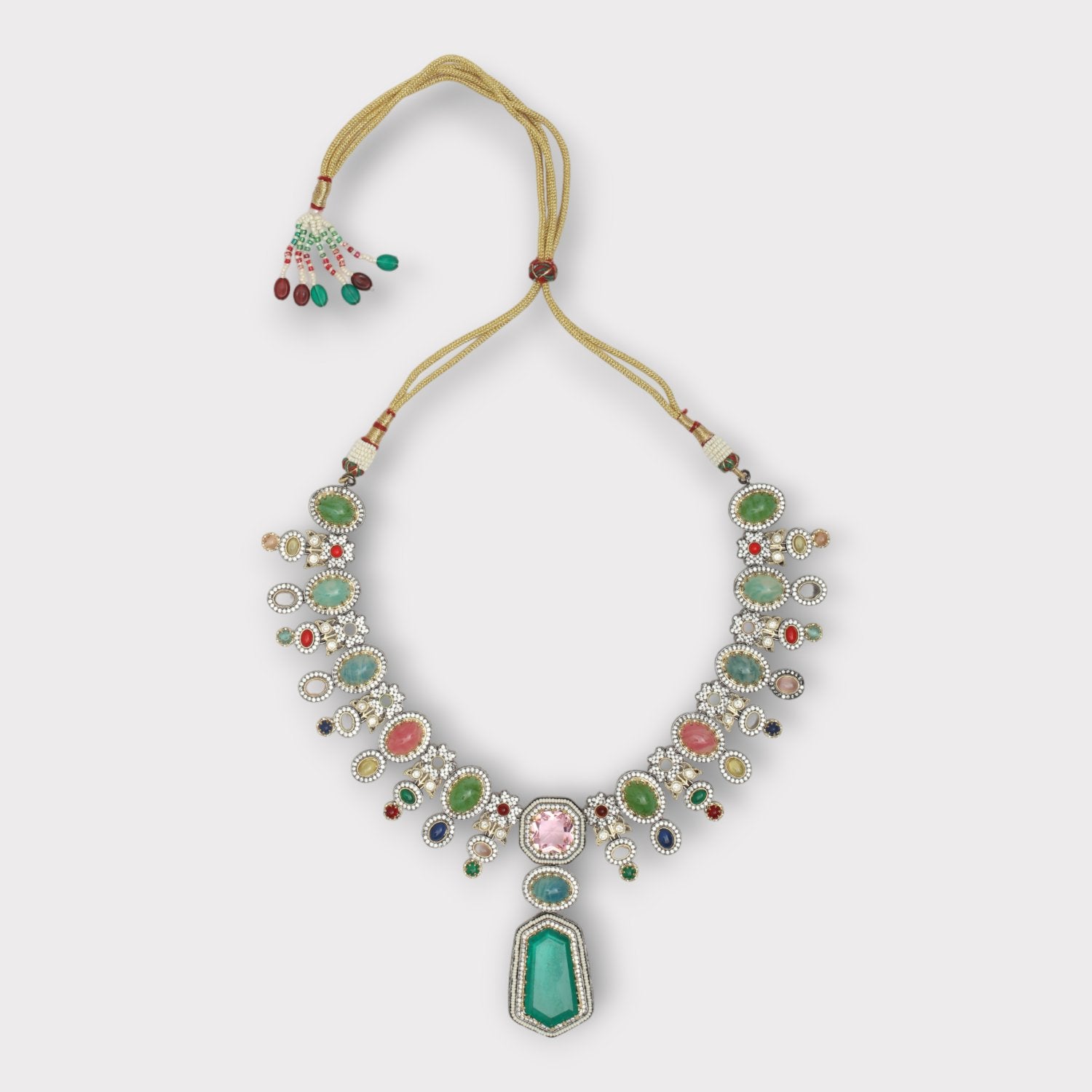 Two Tone Finish Kundan Polki & Green Beaded Choker Necklace Set