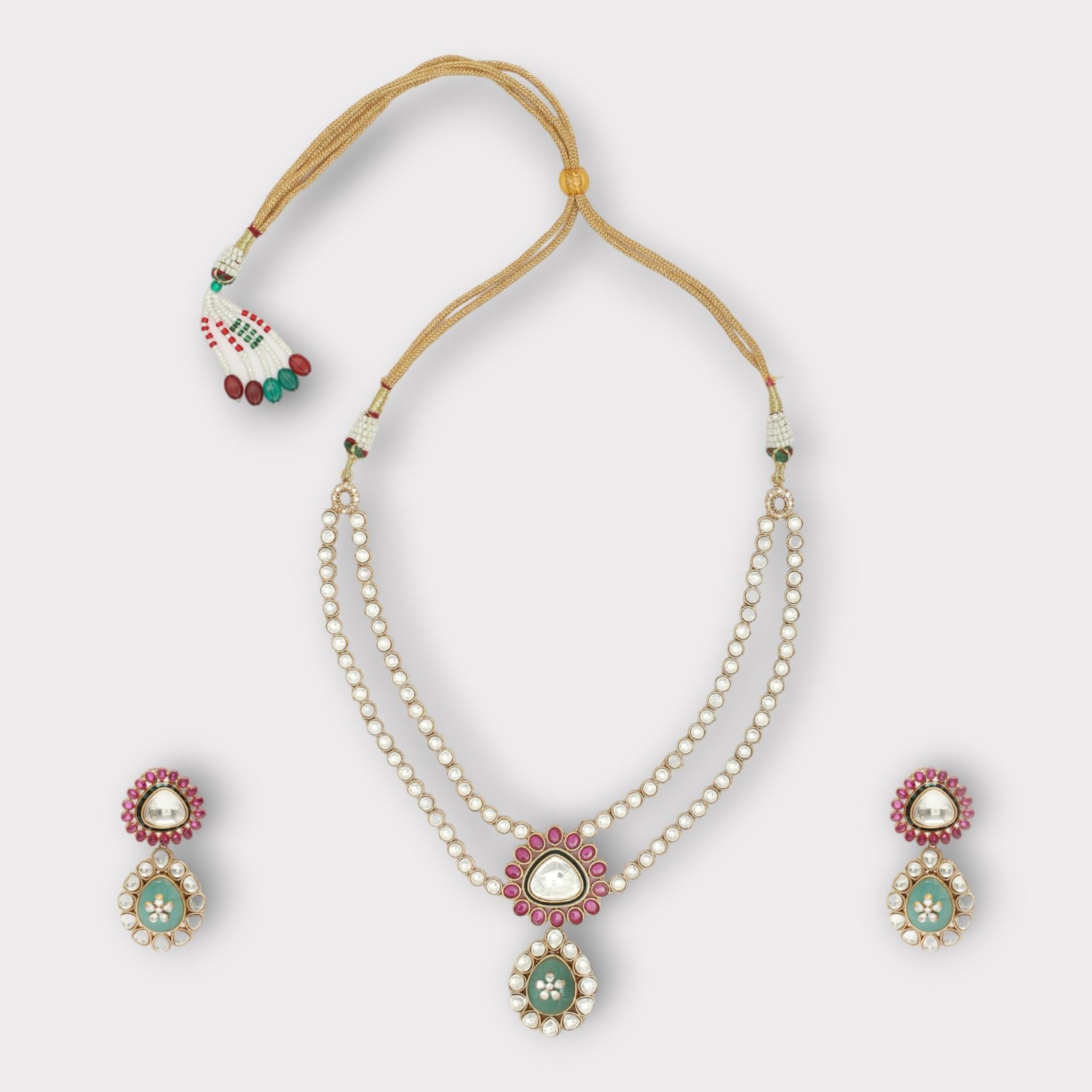 Two Tone Finish Kundan Polki & Green Beaded Choker Necklace Set