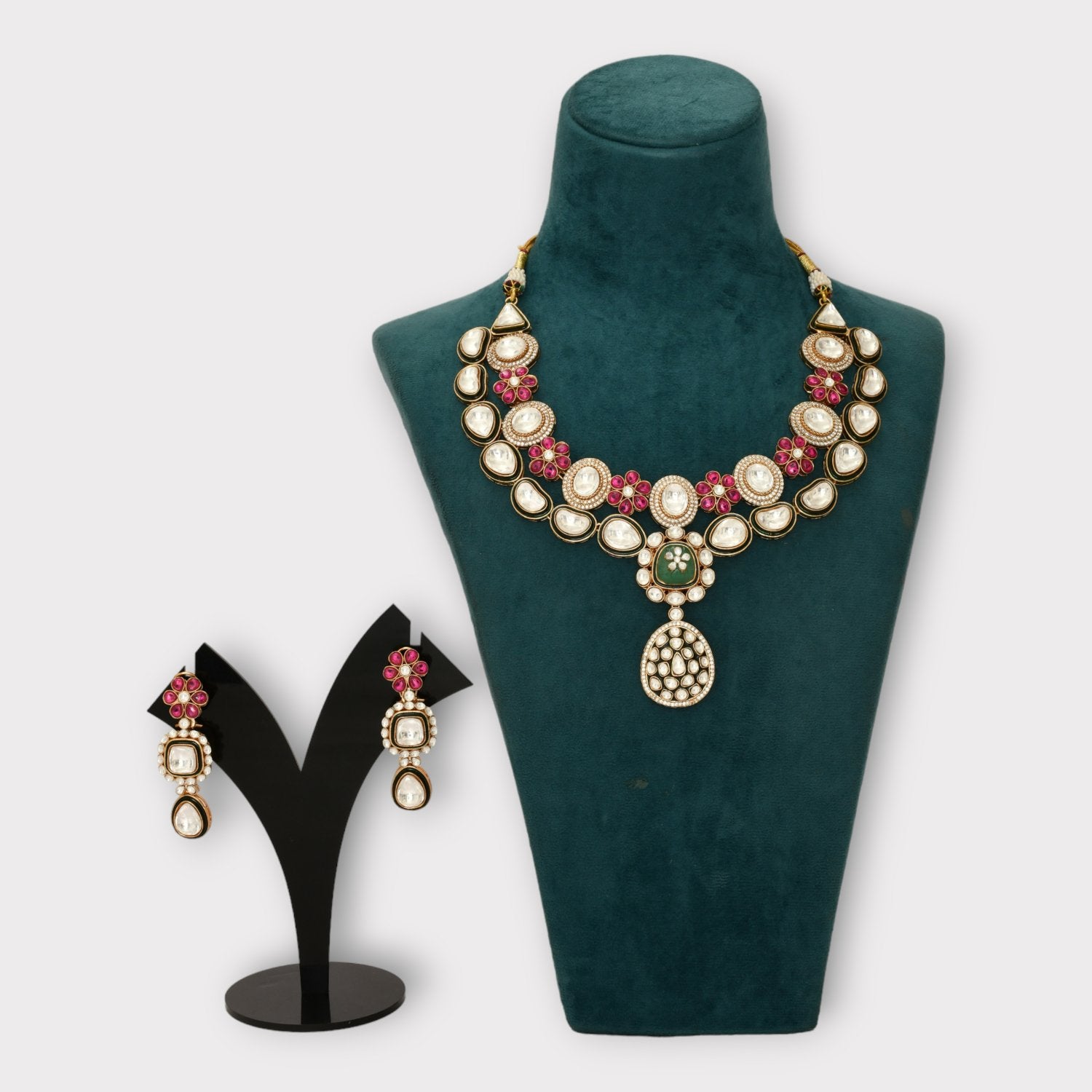 Two Tone Finish Kundan Polki & Green Beaded Choker Necklace Set