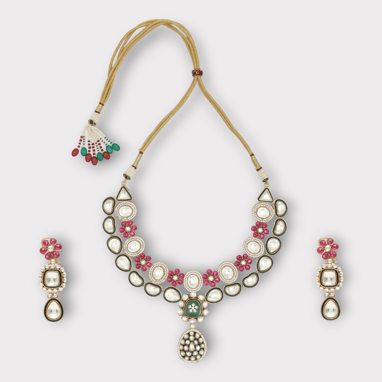 Two Tone Finish Kundan Polki & Green Beaded Choker Necklace Set