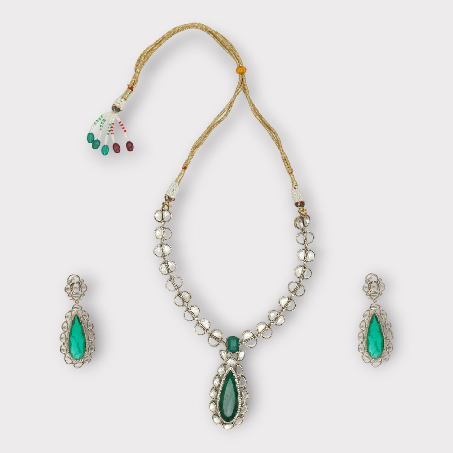 Two Tone Finish Kundan Polki & Green Beaded Choker Necklace Set