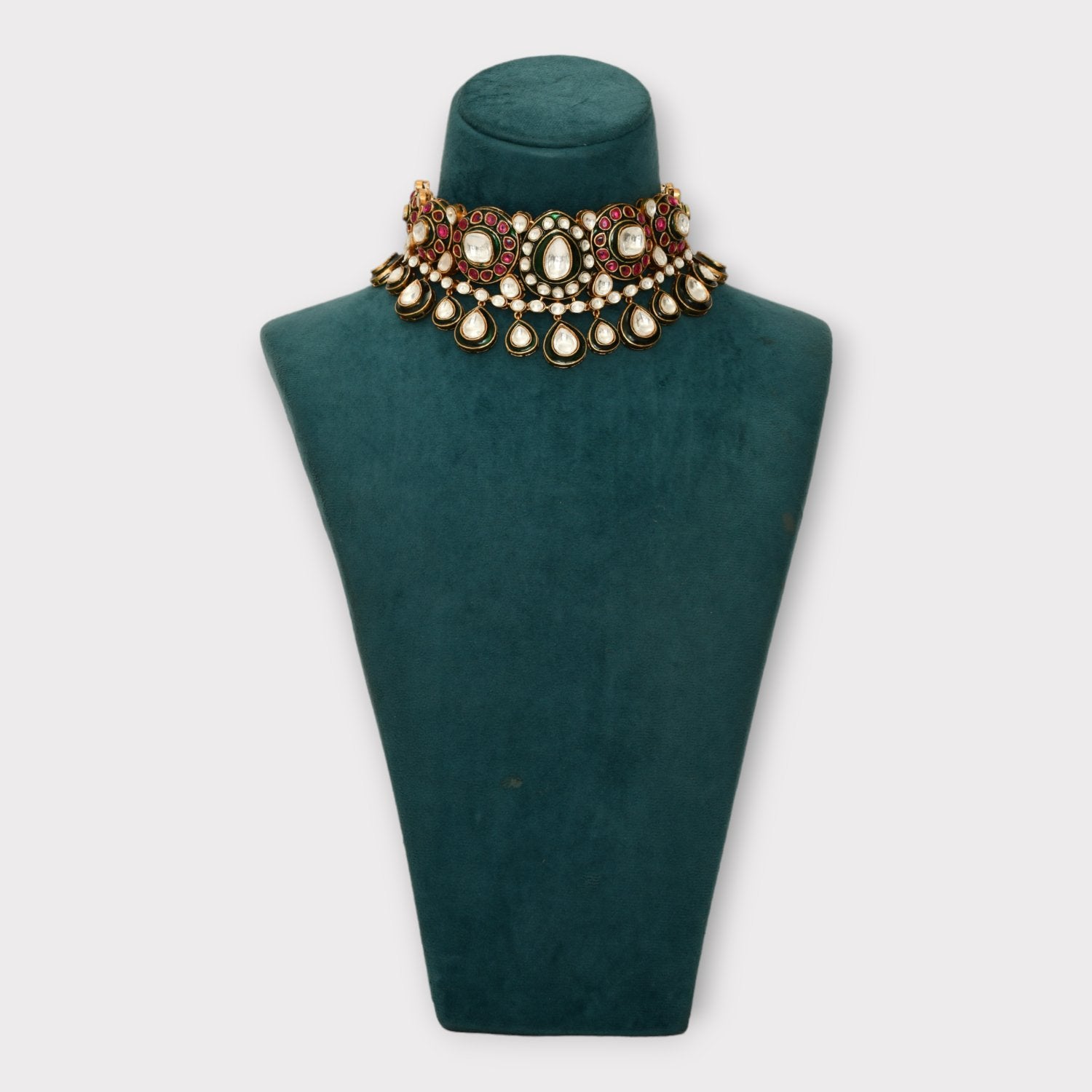 Two Tone Finish Kundan Polki & Green Beaded Choker Necklace Set