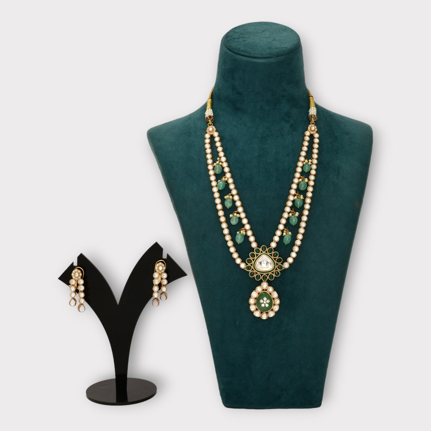 Gold Finish Kundan Polki & Green Beaded Choker Necklace Set