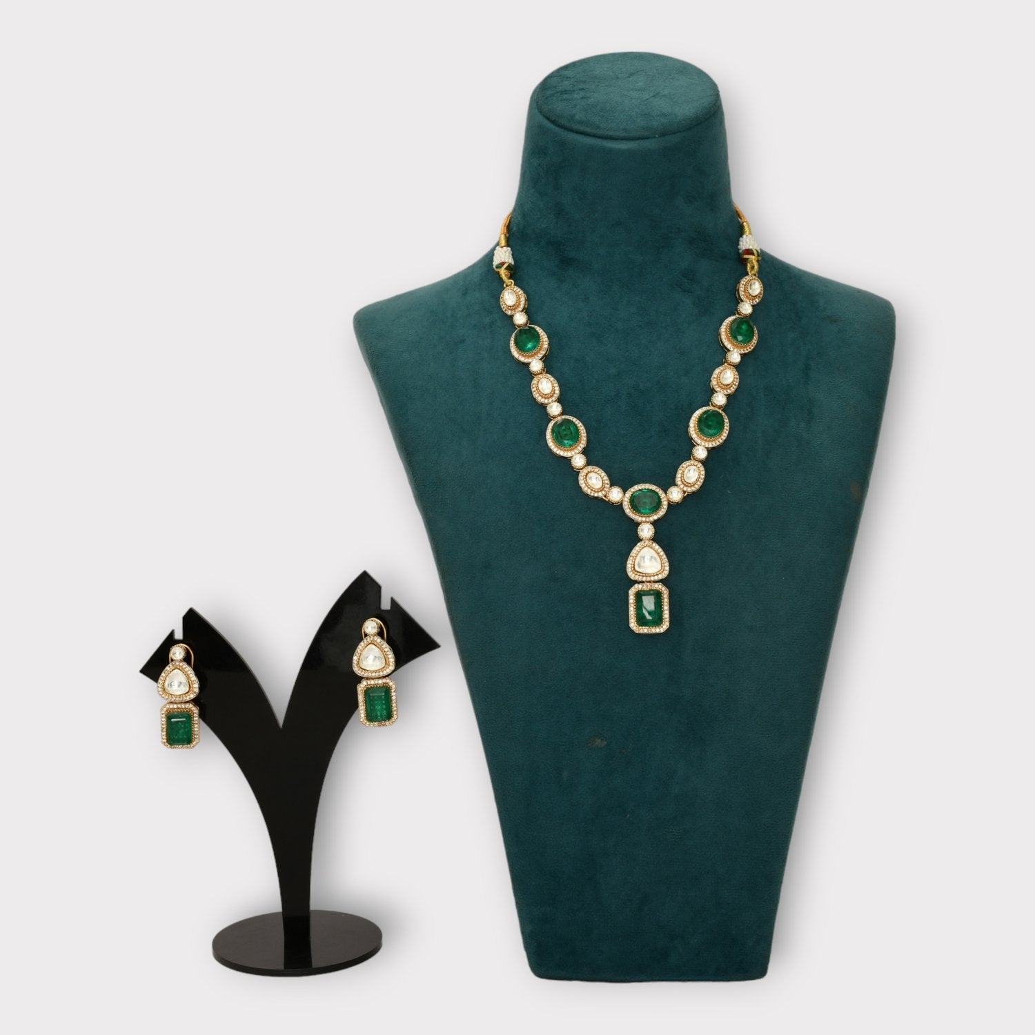 White Finish Faux Diamond & Emerald Synthetic Stone Necklace Set