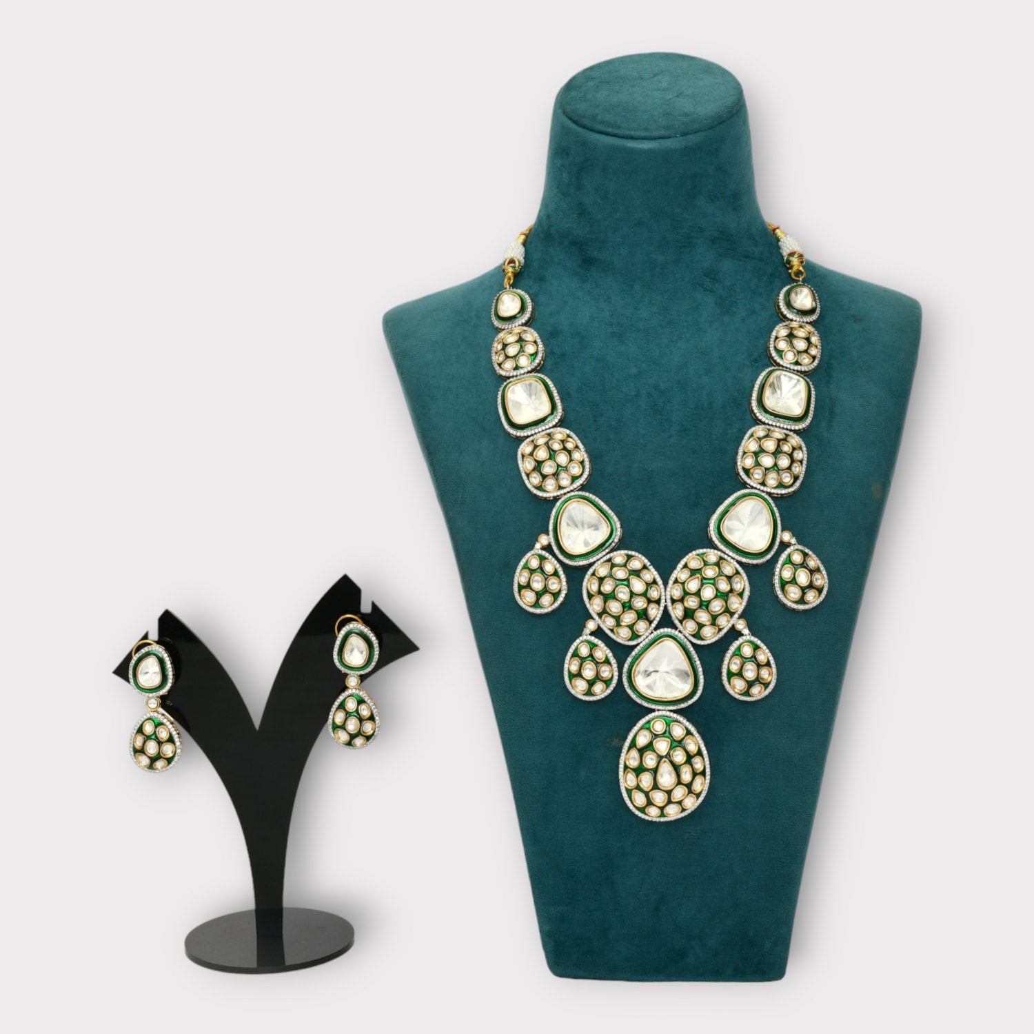 Two Tone Finish Kundan Polki & Green Beaded Choker Necklace Set