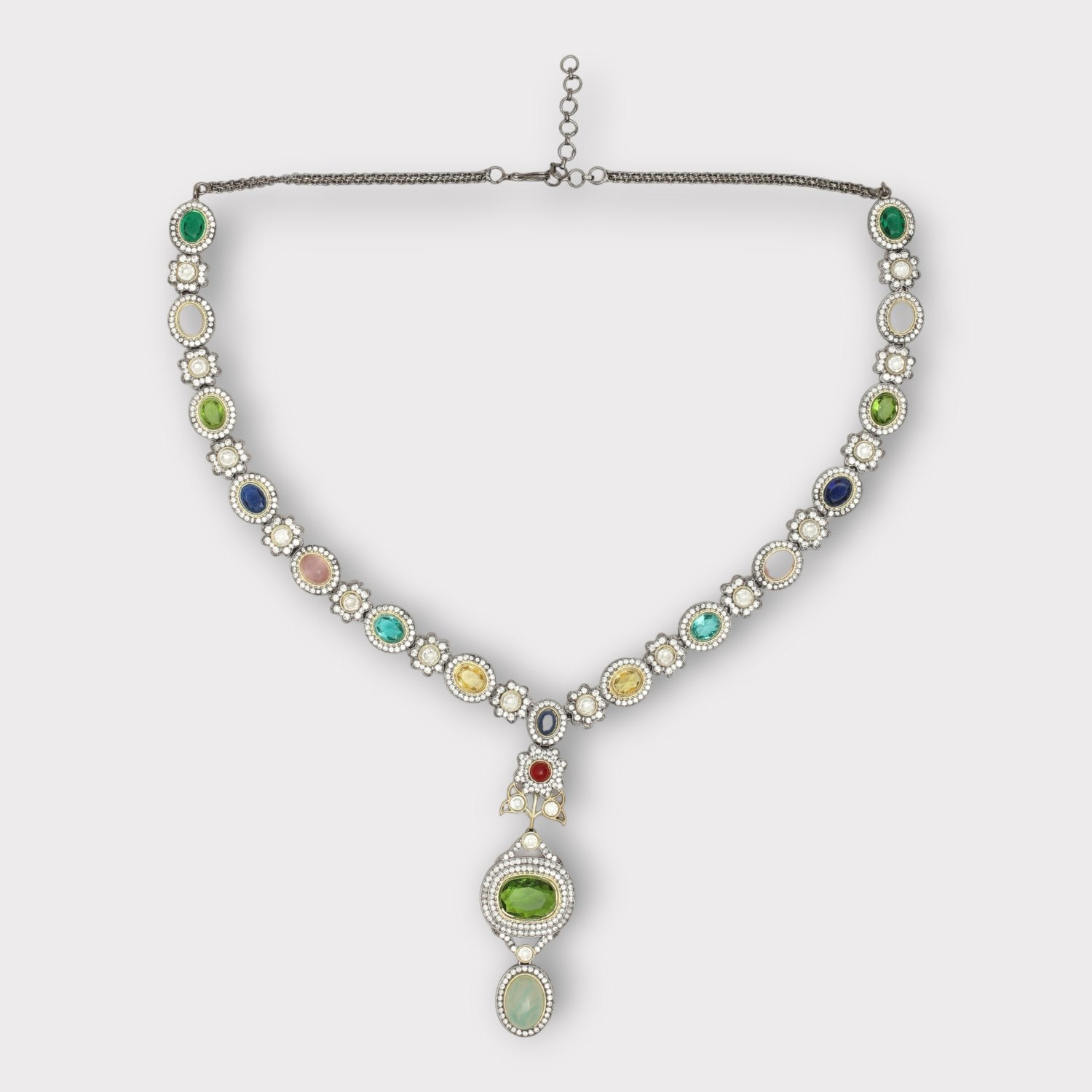 White Finish Faux Diamond & Emerald Synthetic Stone Necklace Set