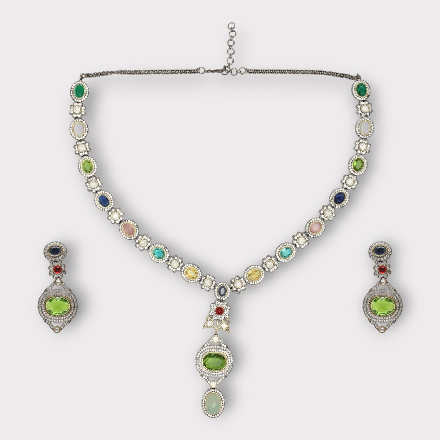 White Finish Faux Diamond & Emerald Synthetic Stone Necklace Set