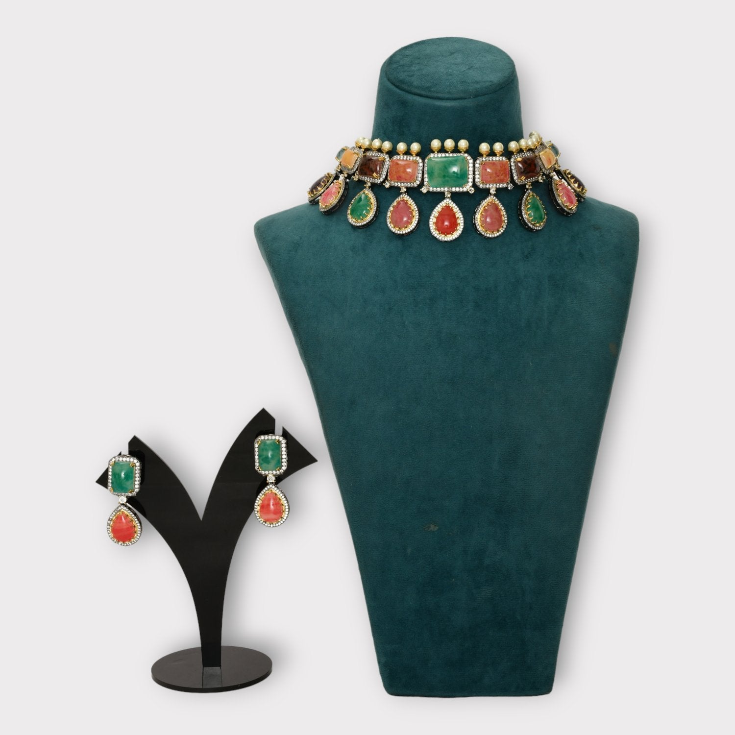 Two Tone Finish Kundan Polki & Green Beaded Choker Necklace Set