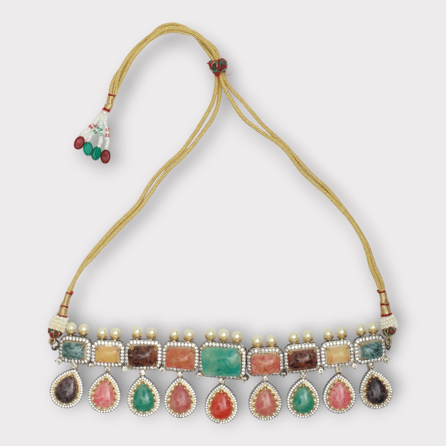 Two Tone Finish Kundan Polki & Green Beaded Choker Necklace Set