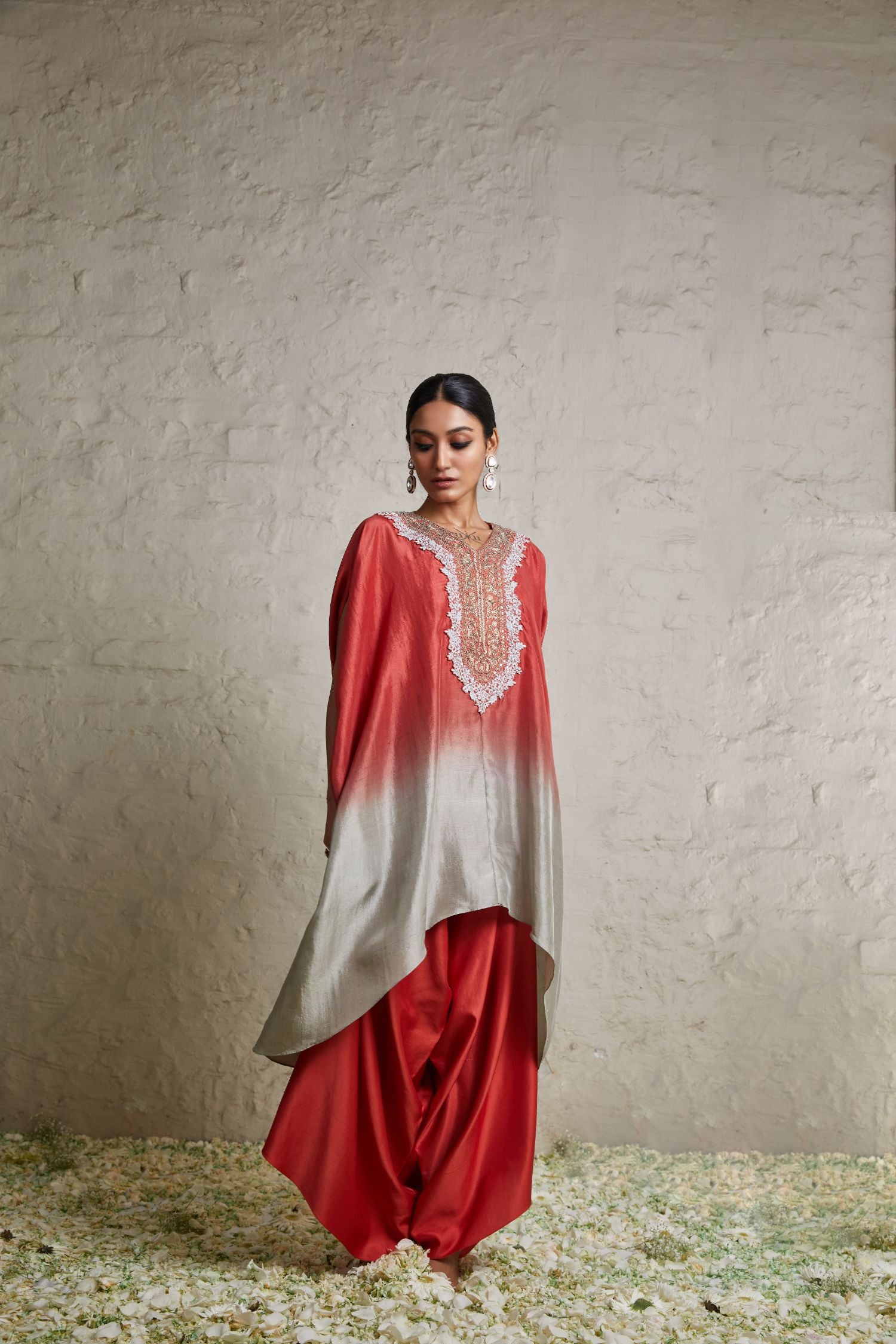 Silk Ombre Kaftaan With Cotton Satin Asyemmetric Pant