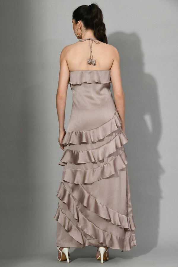 DUSKY ENTRANCE - Ruffle Dress in Brown Color