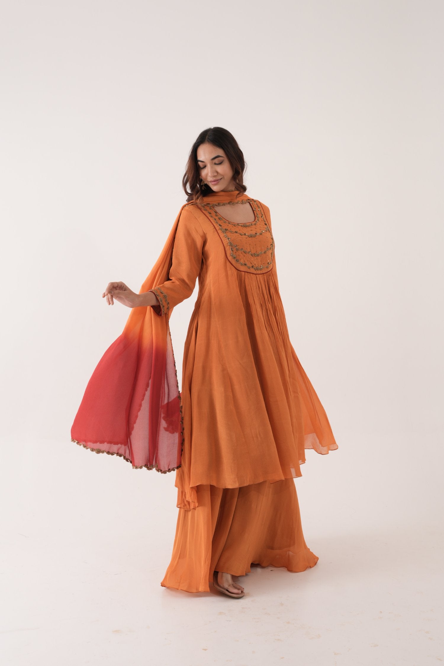 Orange Chinnon Kurta Set