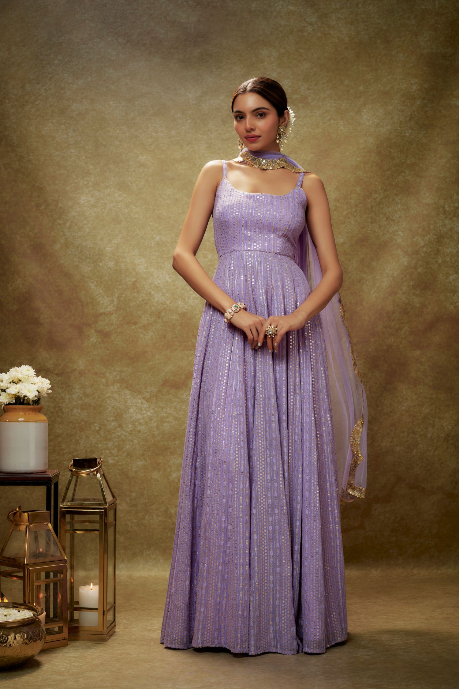 Orchid Lavender & Gold Sequin Anarkali Gown