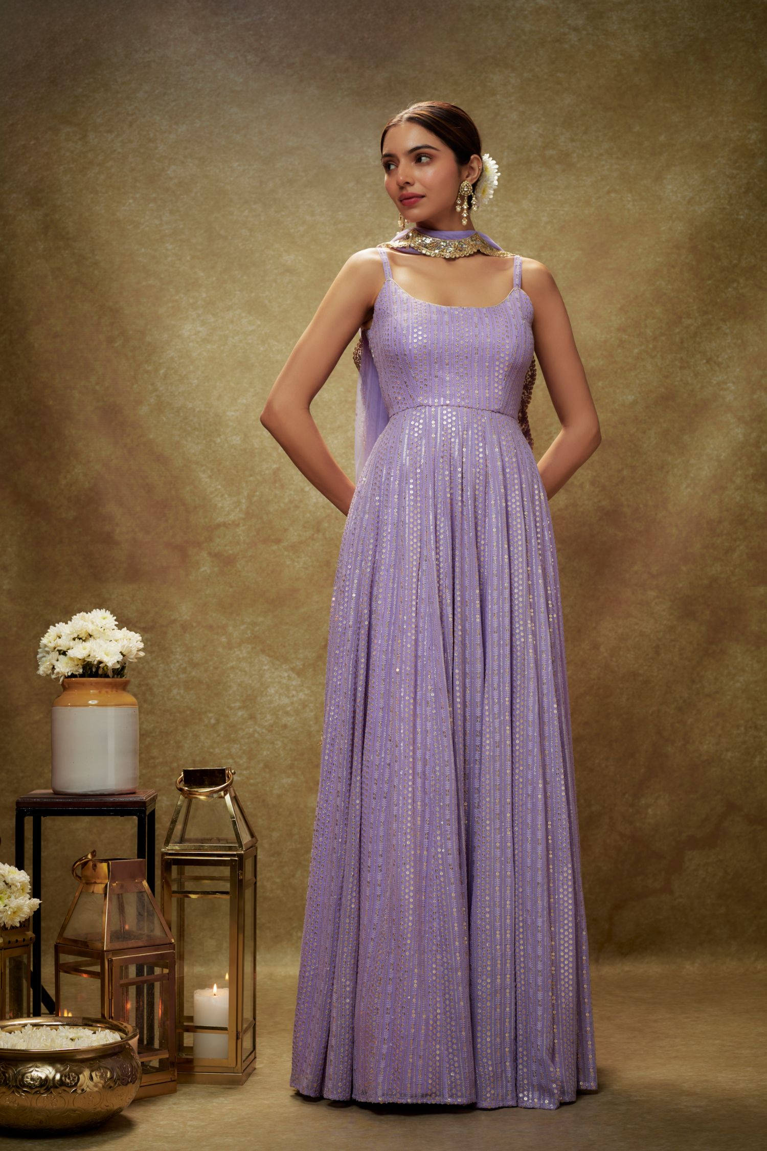 Orchid Lavender & Gold Sequin Anarkali Gown