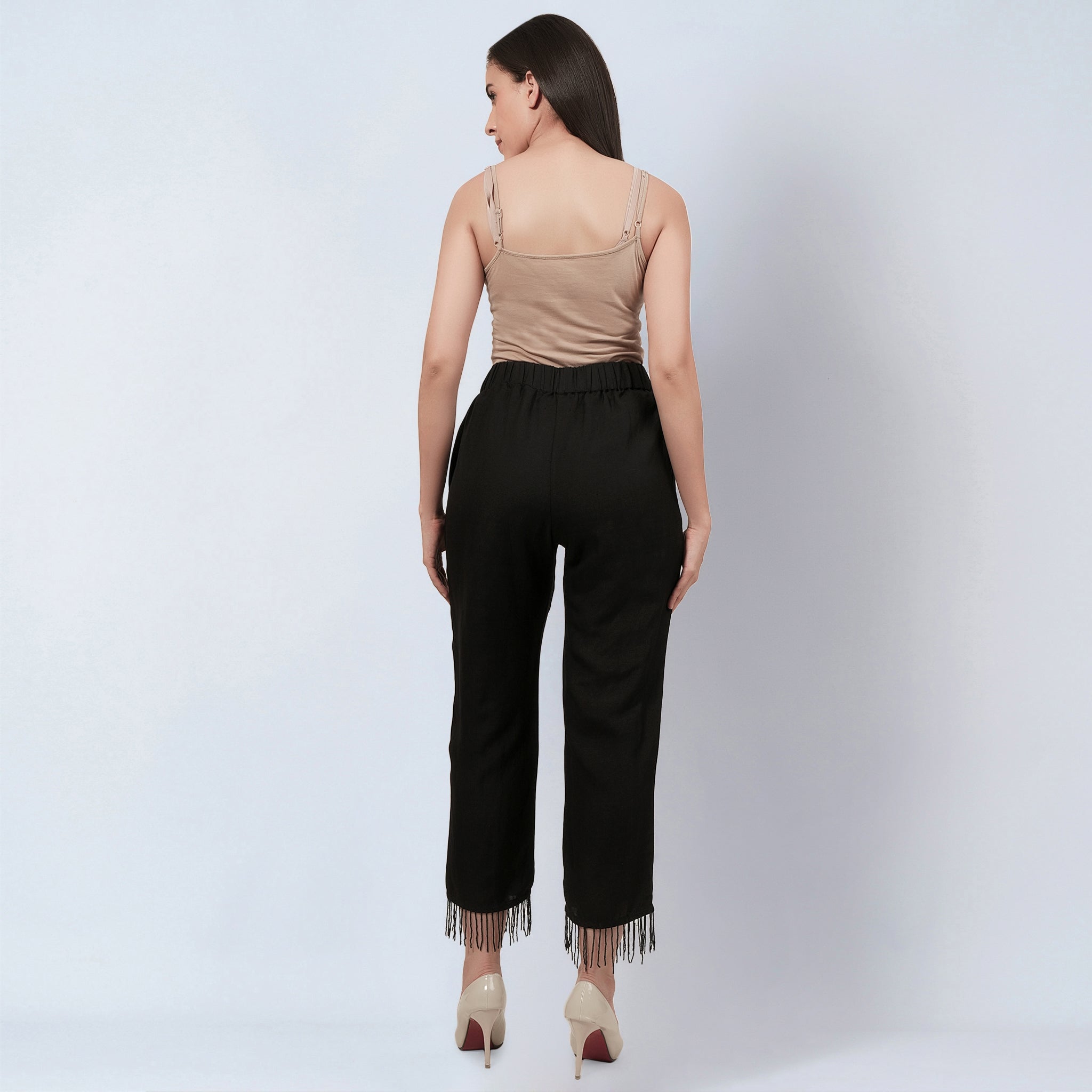 Black Linen Pants with Bead Lace