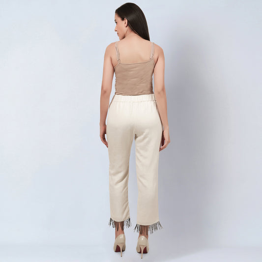 Off White Linen Pants with Bead Lace