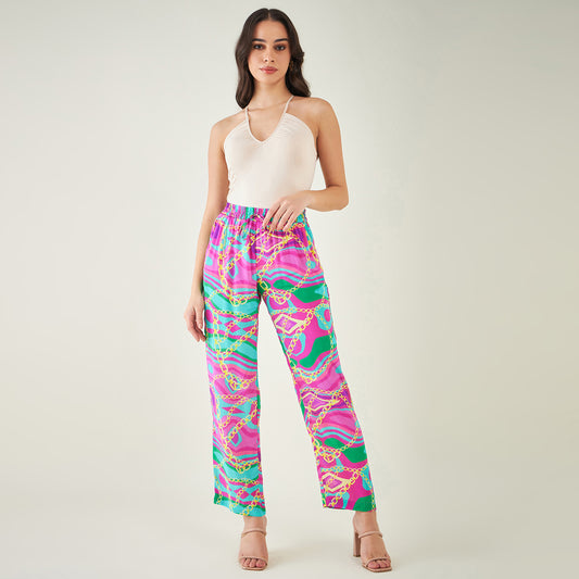 Pink and Green Marine Wave Print Pants