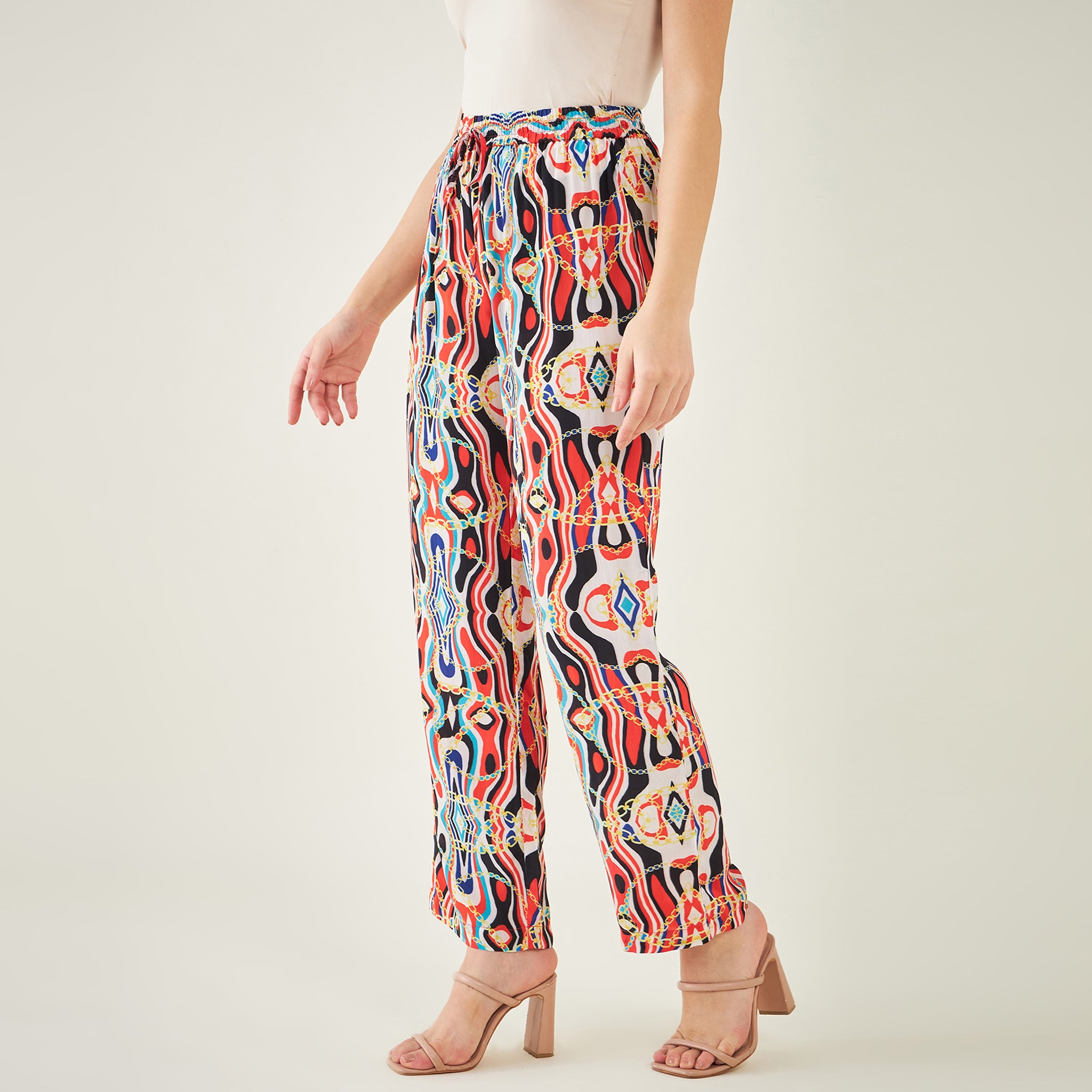 Black and Red Marine Wave Print Pants