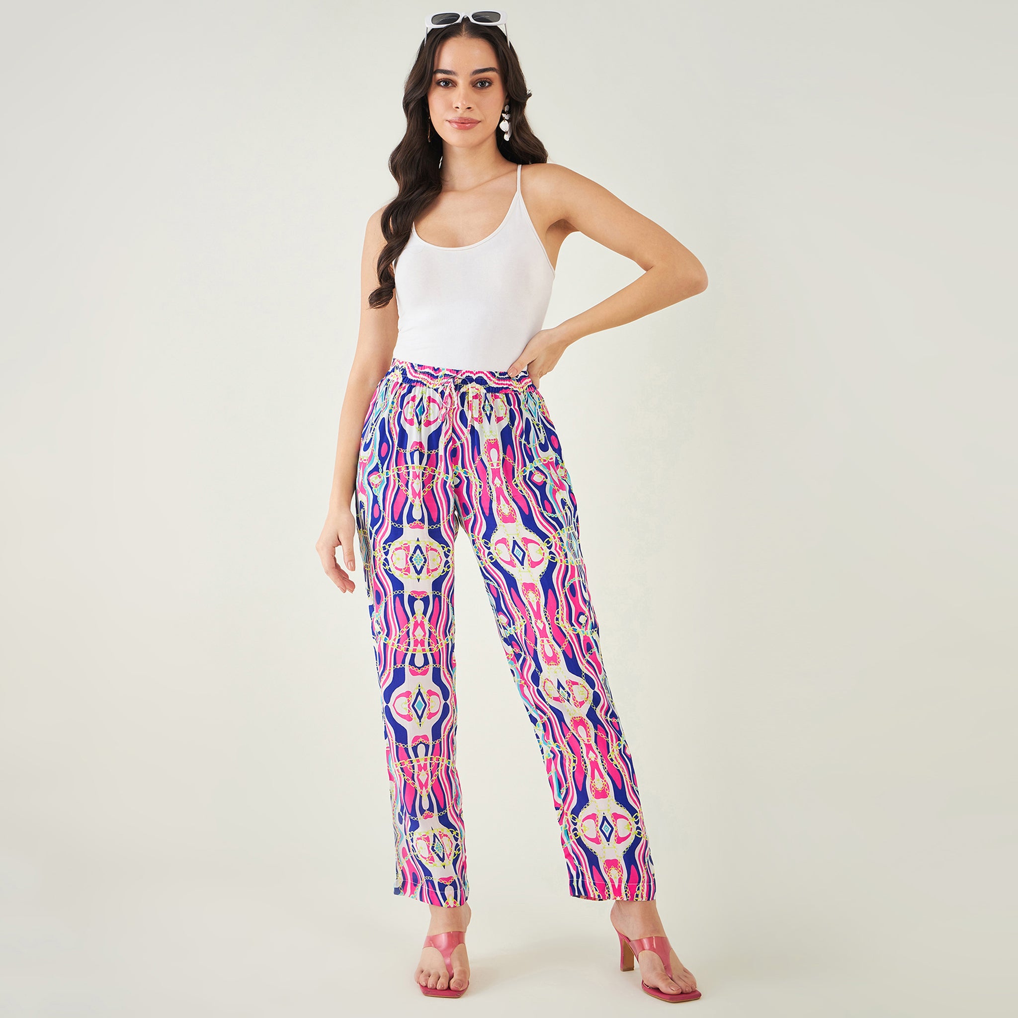 Blue and Pink Marine Wave Print Pants