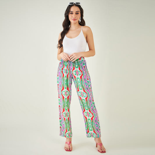 Green and Orange Marine Wave Print Pants