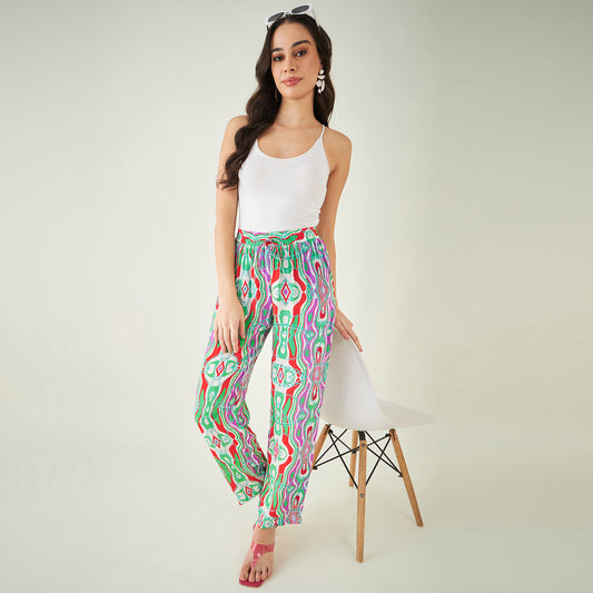 Green and Orange Marine Wave Print Pants