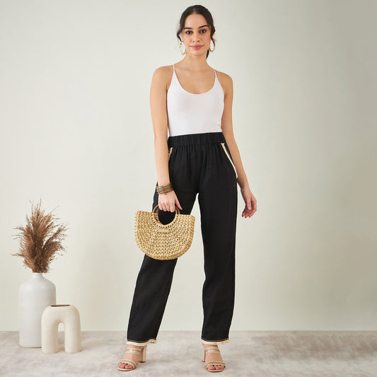 Black Linen Pants with Lace Detail