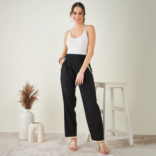 Black Linen Pants with Lace Detail