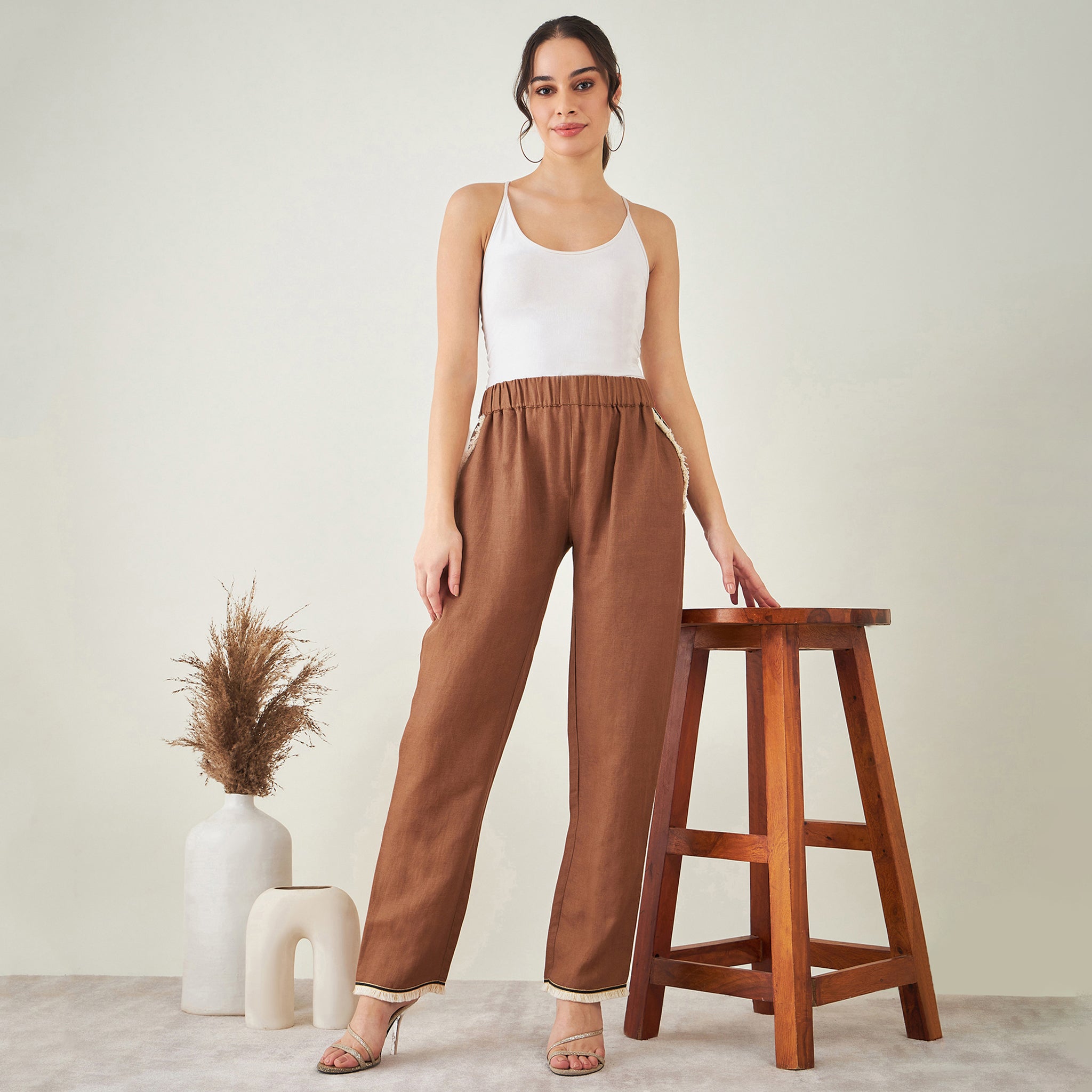 Brown Linen Pants with Lace Detail