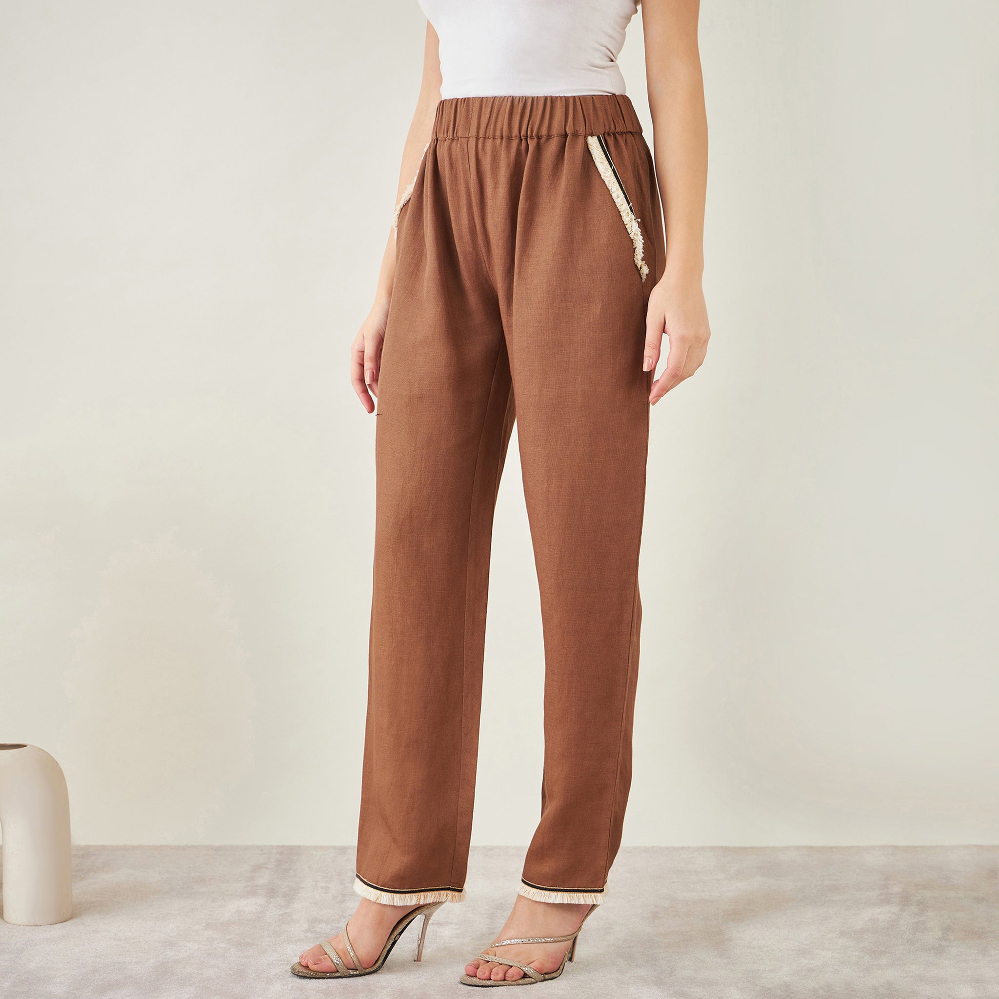 Brown Linen Pants with Lace Detail