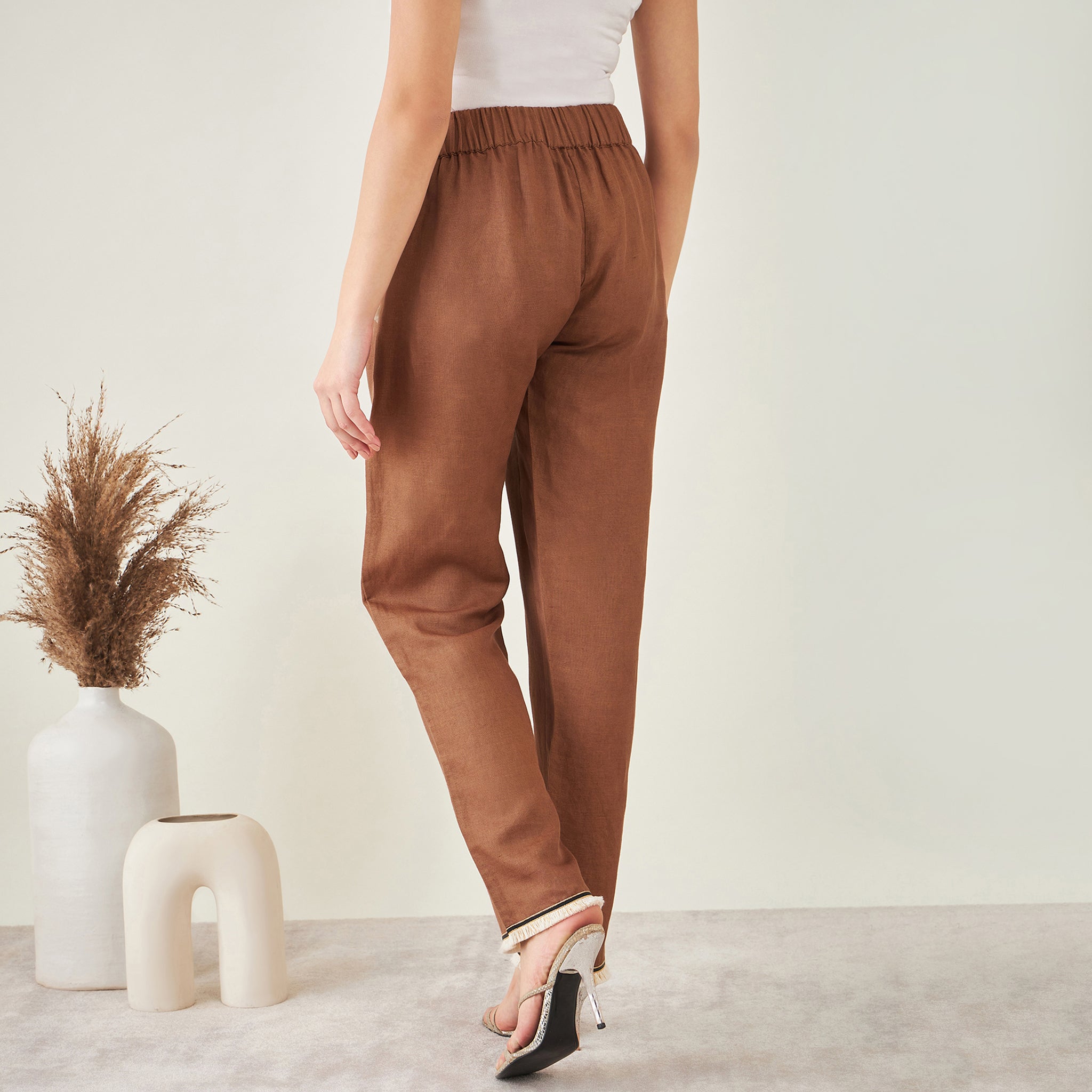 Brown Linen Pants with Lace Detail