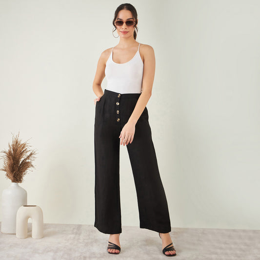 Black Linen High-Waisted Straight Pants