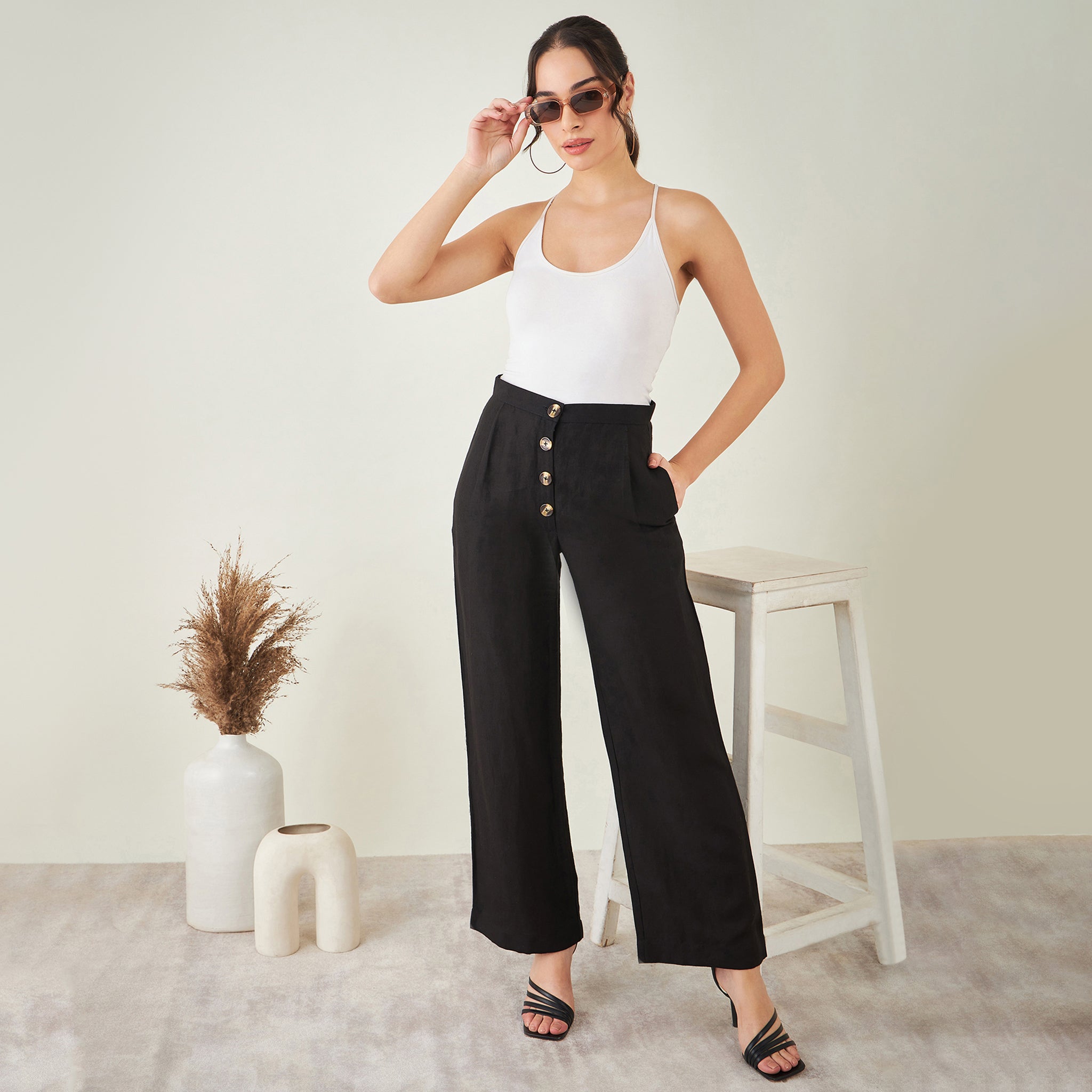 Black Linen High-Waisted Straight Pants