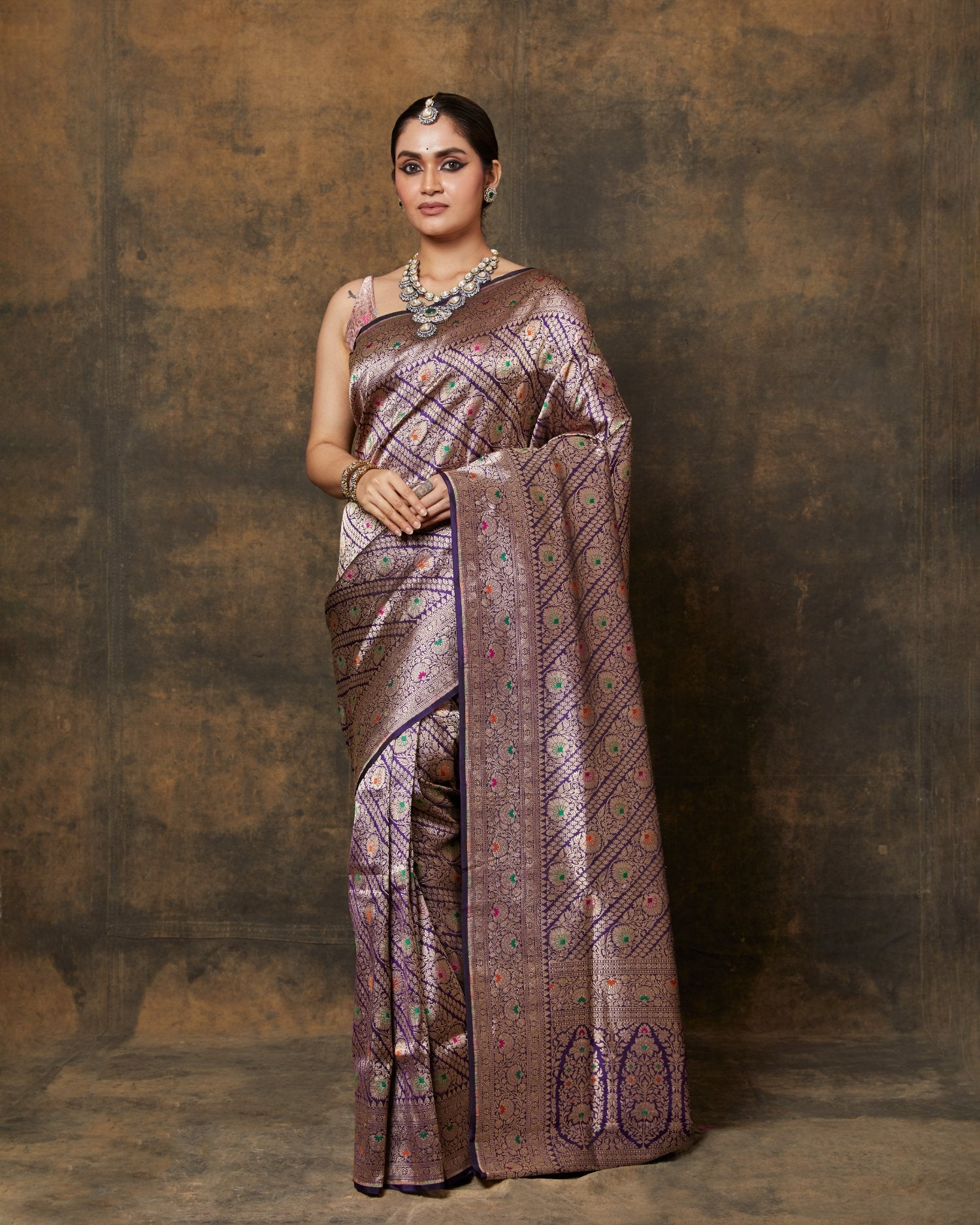 Banarsi Handwoven Purple Silk Saree With Meenakari