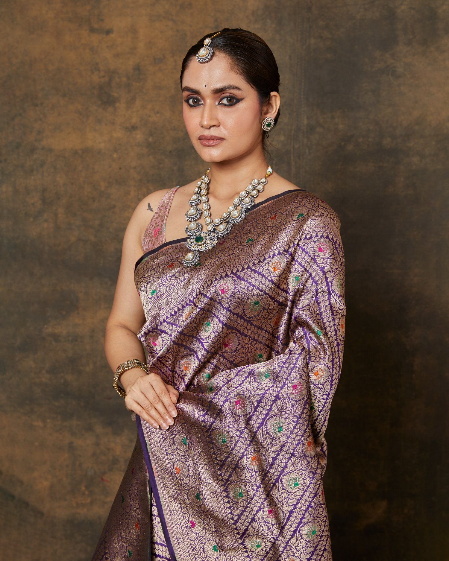 Banarsi Handwoven Purple Silk Saree With Meenakari