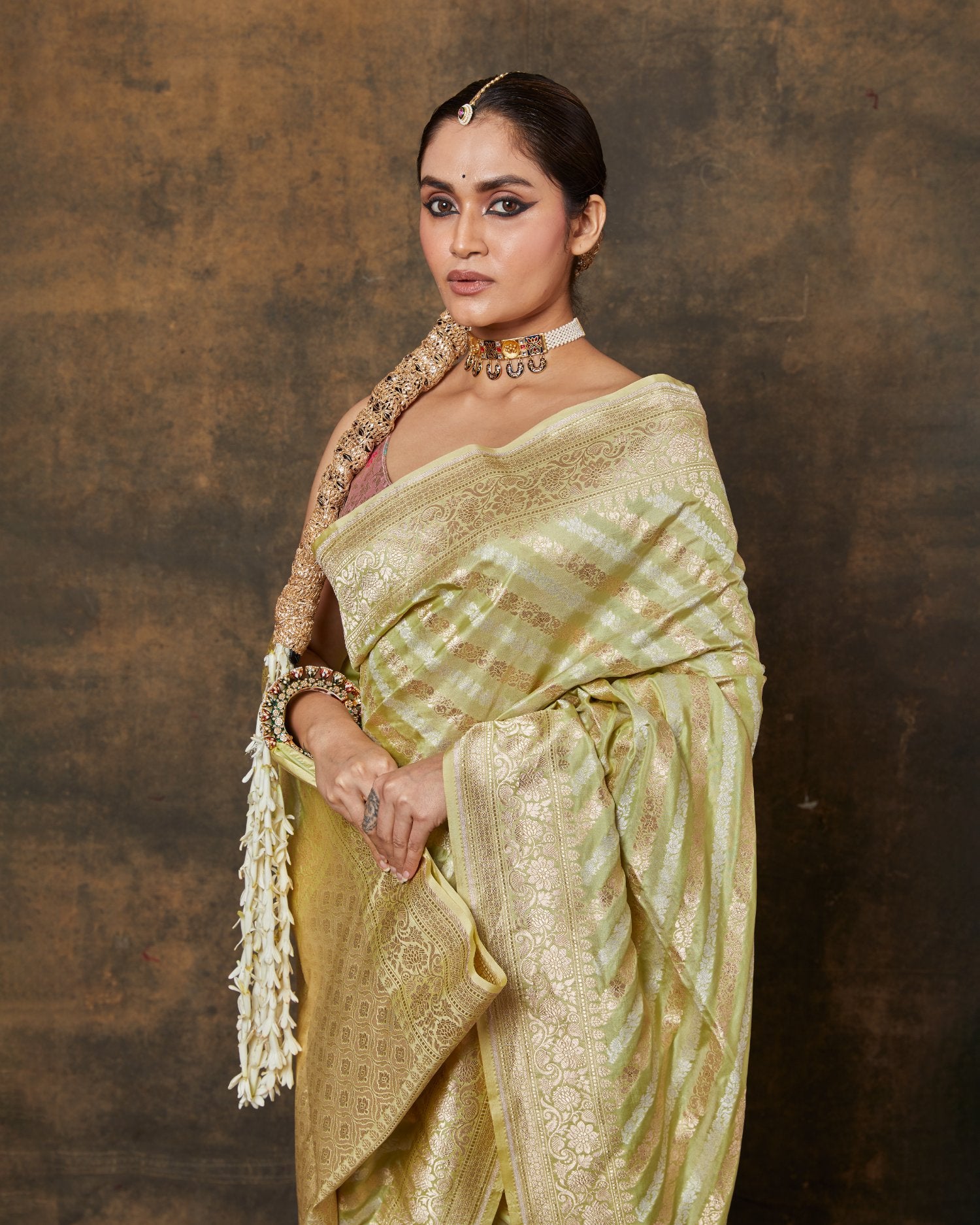 Green Silver Gold Saree