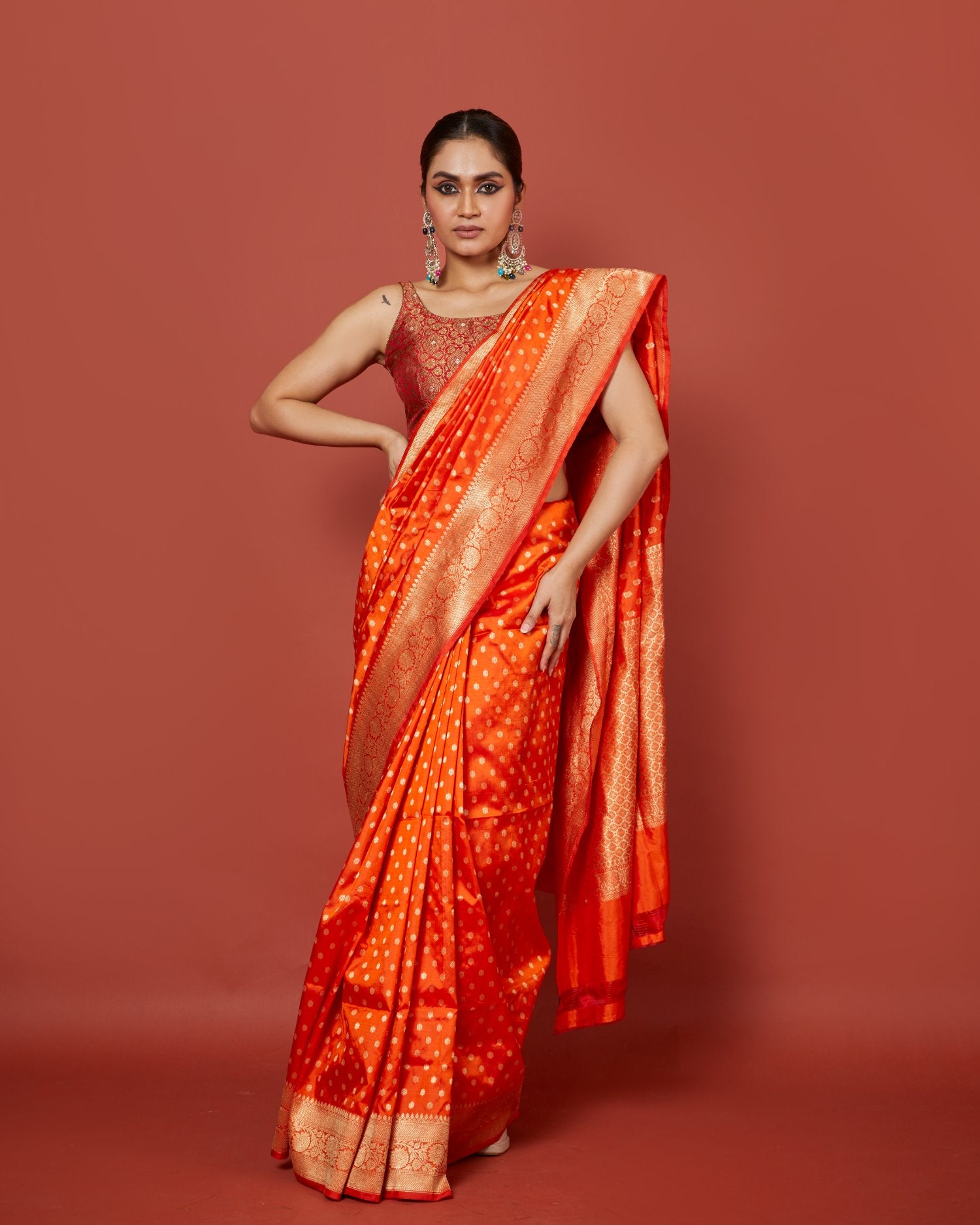 Orange Booti Silk Saree