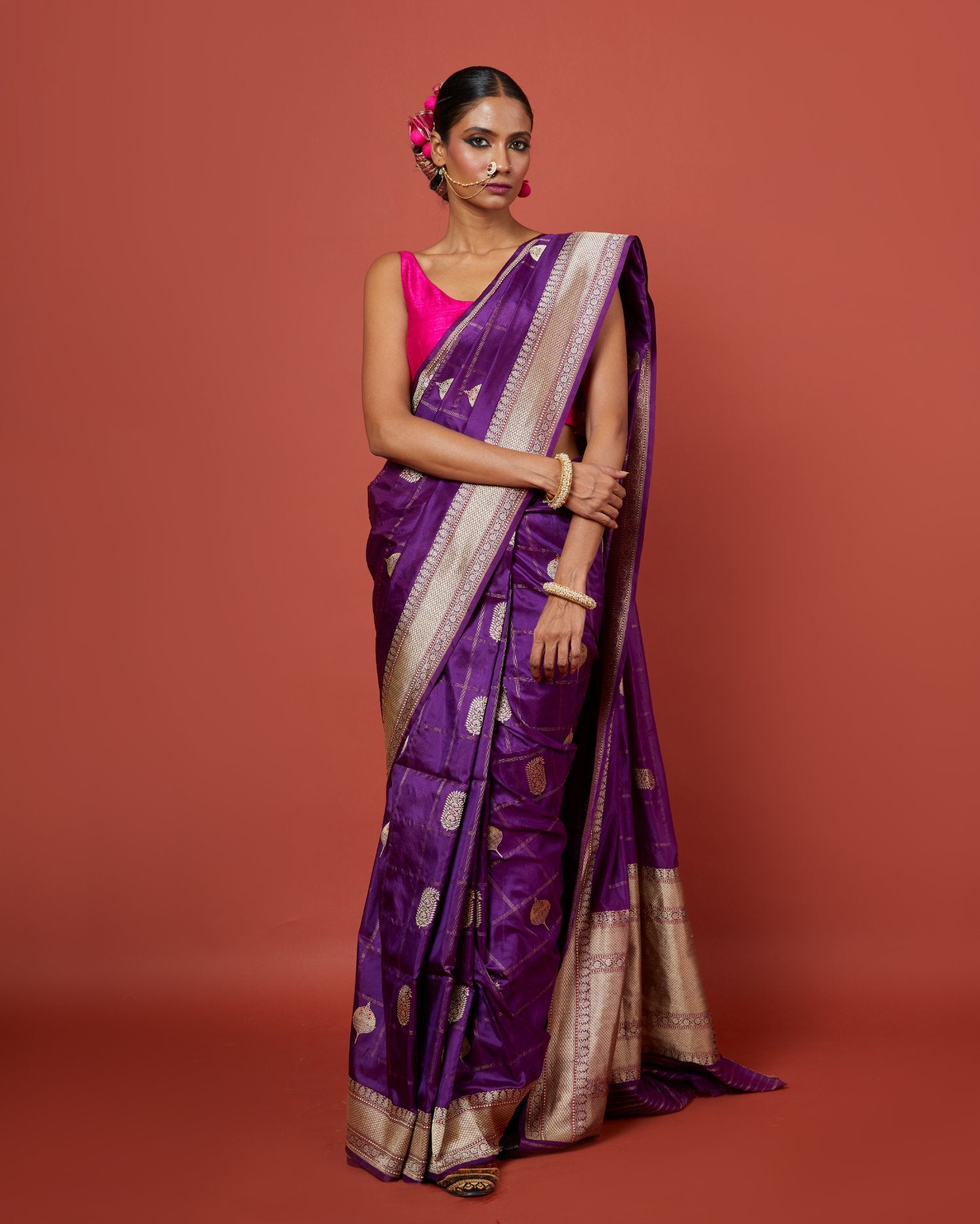 Purple Check Silk Saree