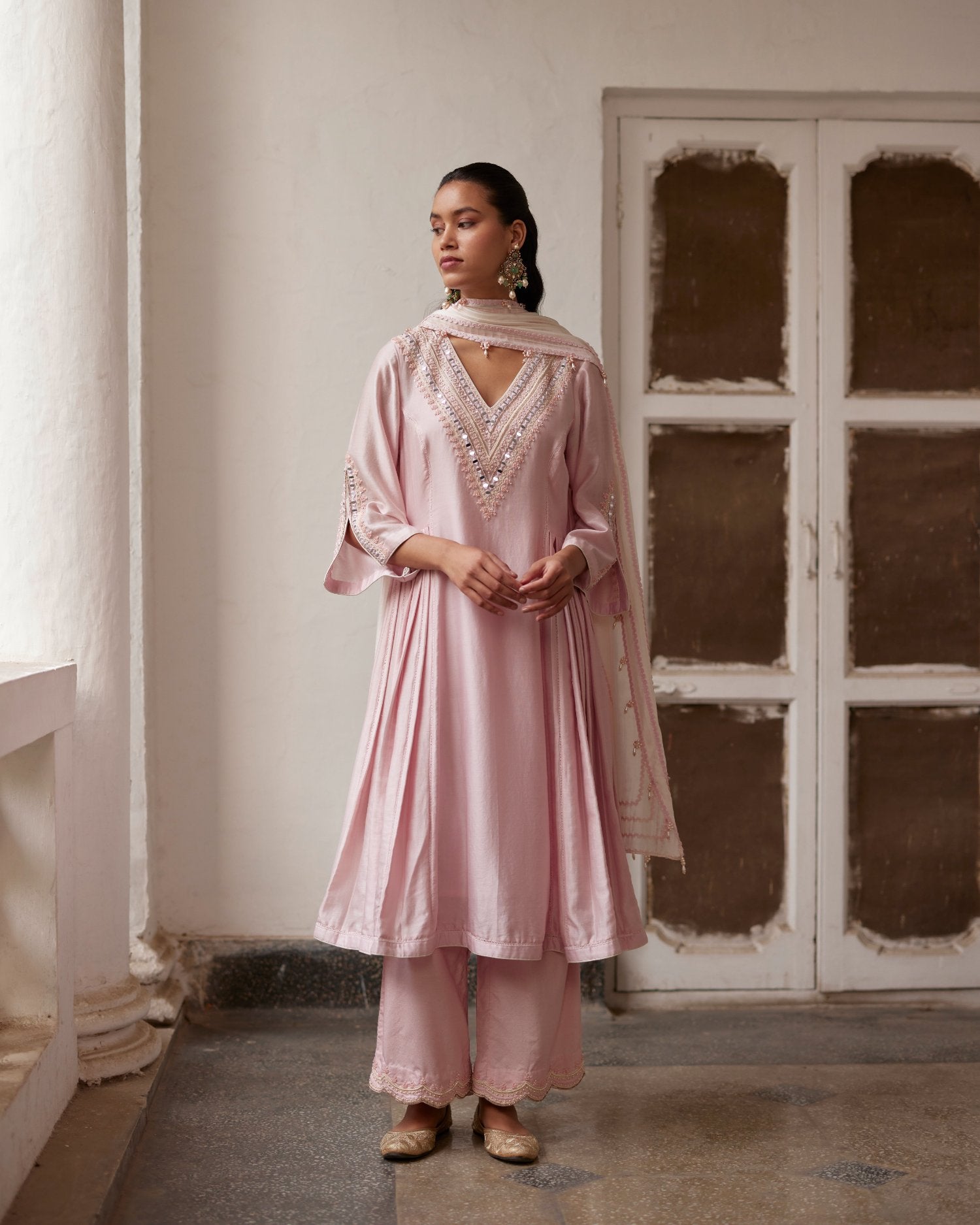 Chanderi Long A-Line Kurta Set With Side Pleats