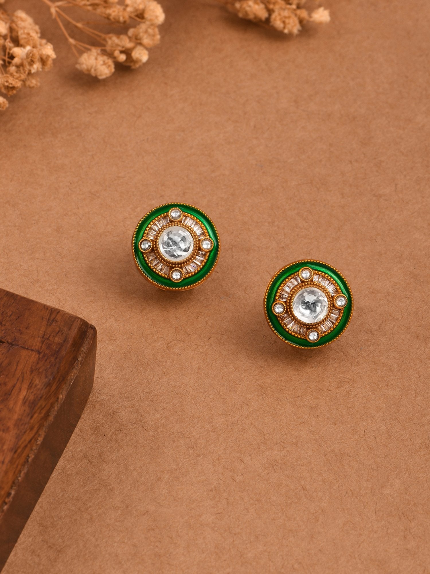 Minakari Green Edge Polki Stud Earrings