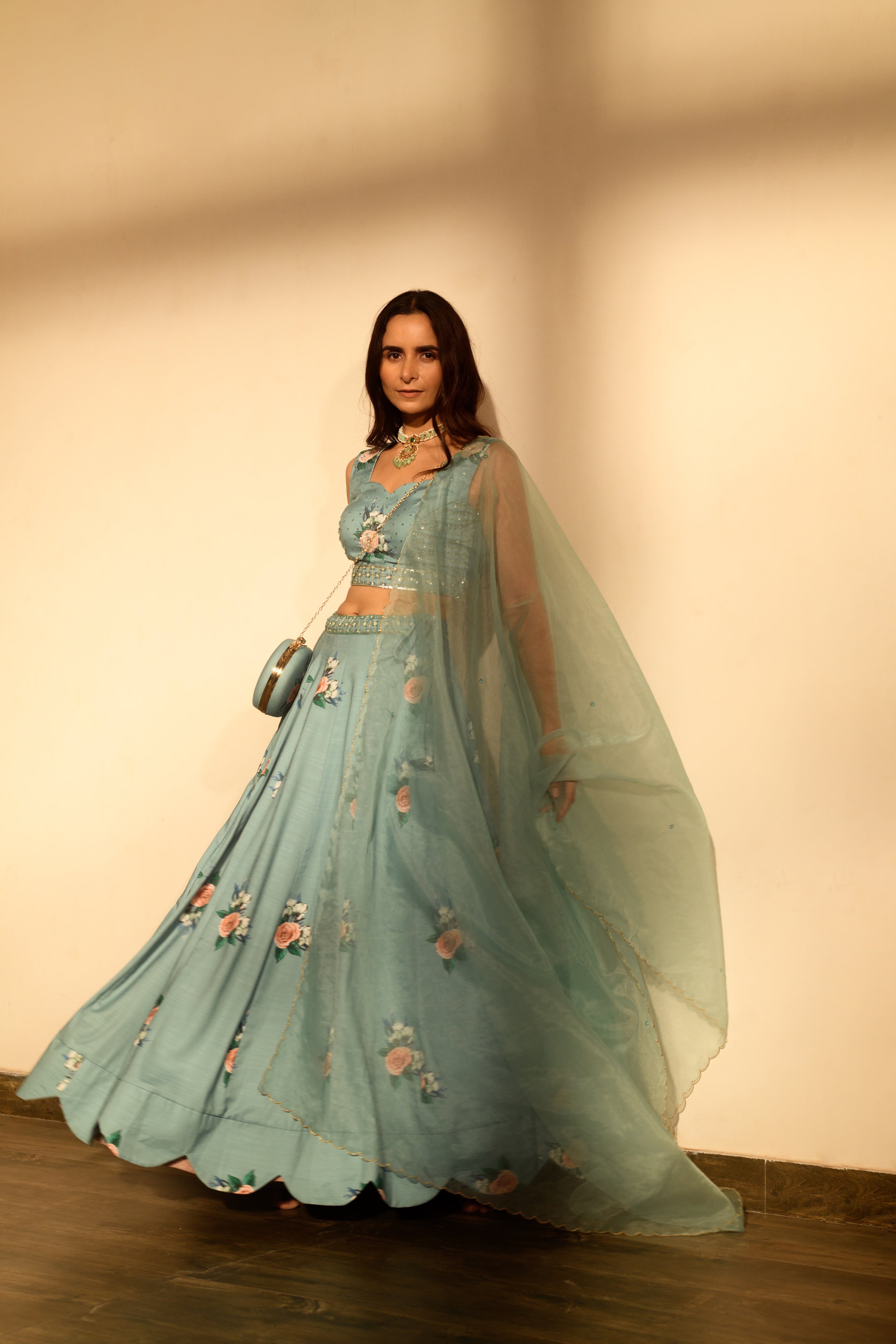 Dusty Teal Sequins Kali Lehenga Set