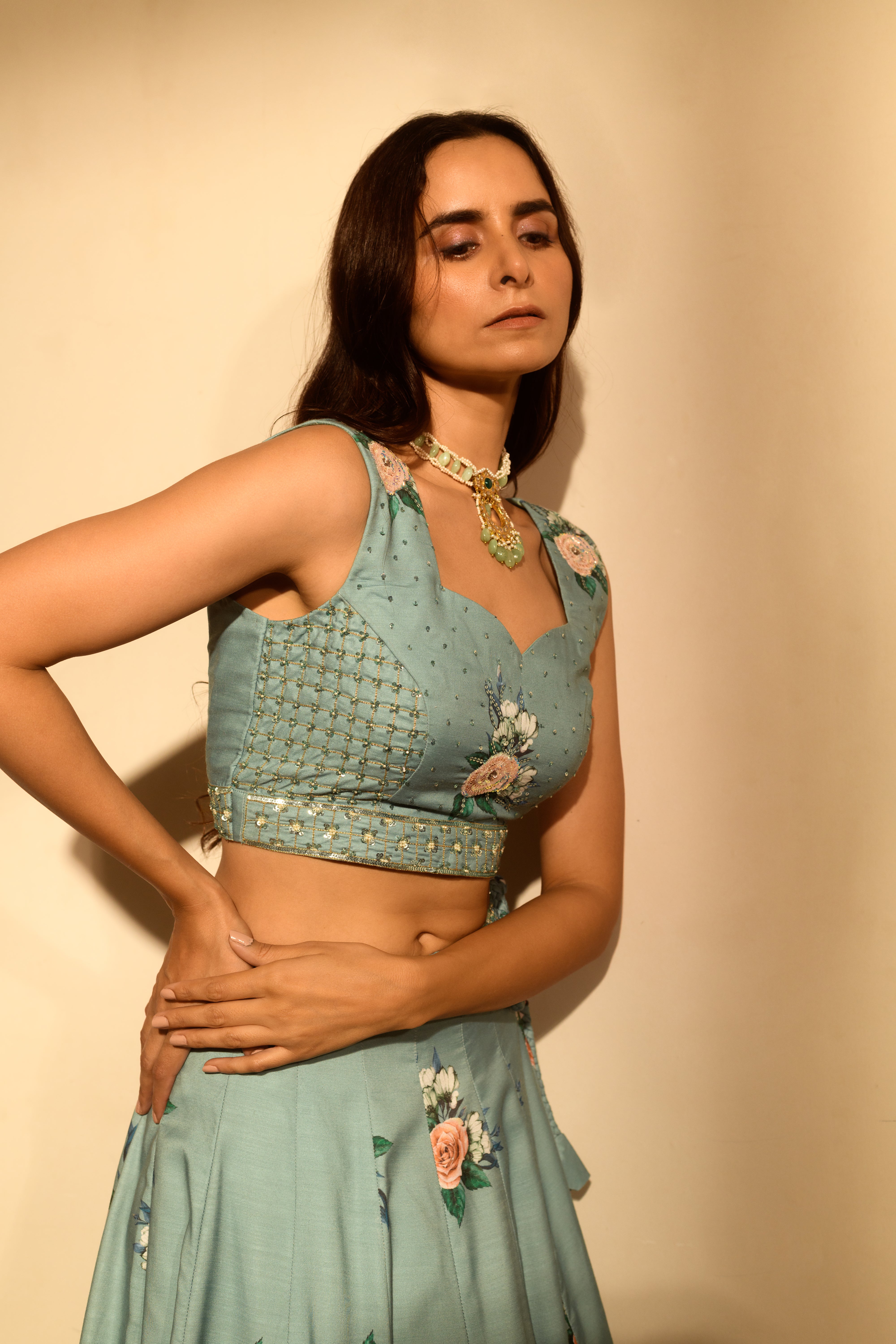 Dusty Teal Sequins Kali Lehenga Set