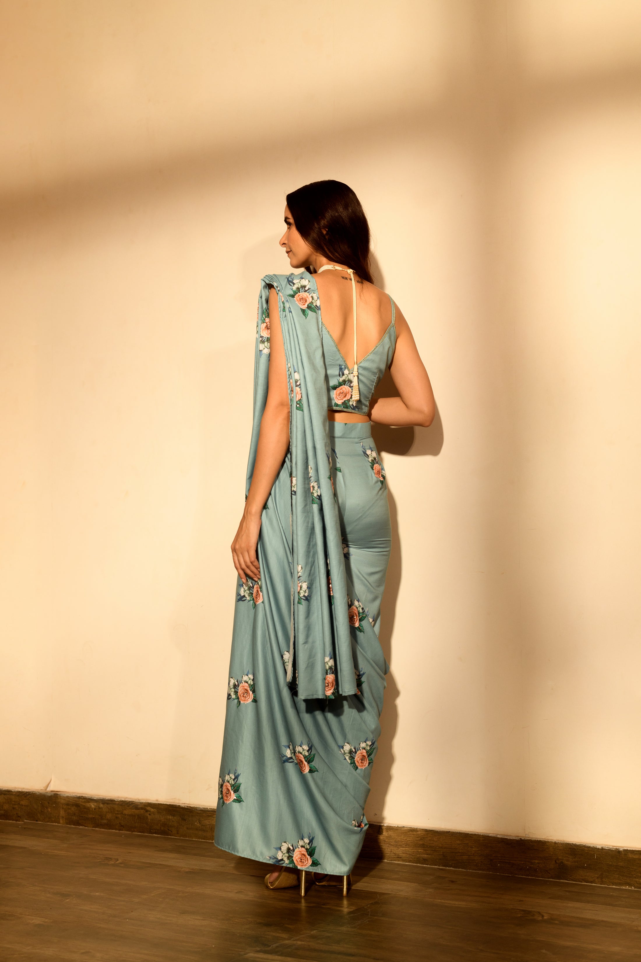 Dusty Teal Sequins Pant Saree Set