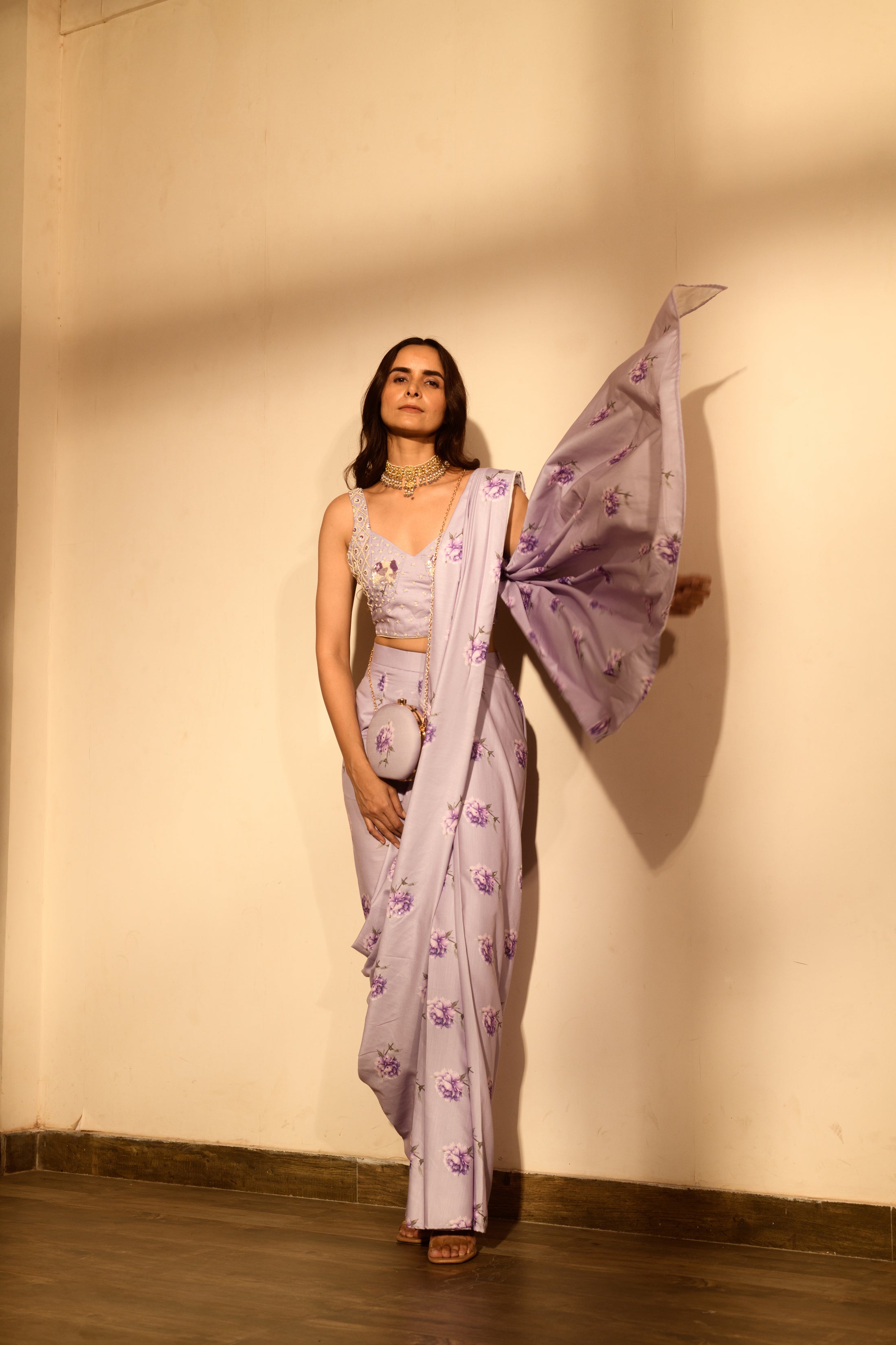 Very Peri Lilac Sequins Pant Saree Set