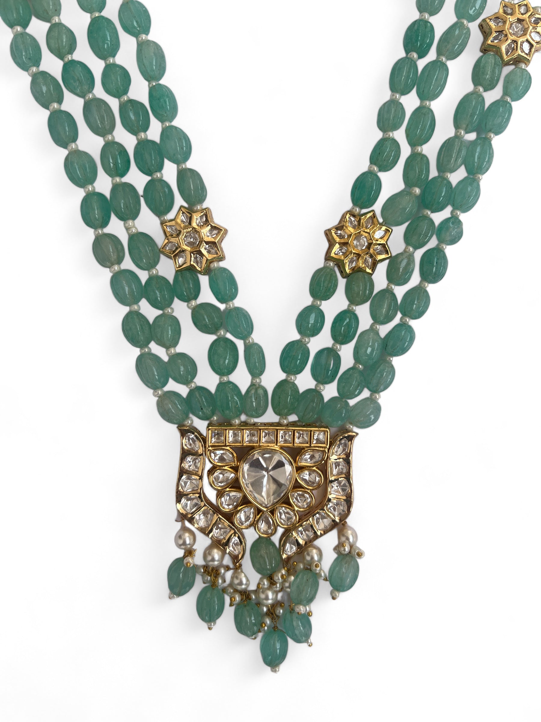 Le Manuel Sea Green Beads & White Khundan Long Necklace Set